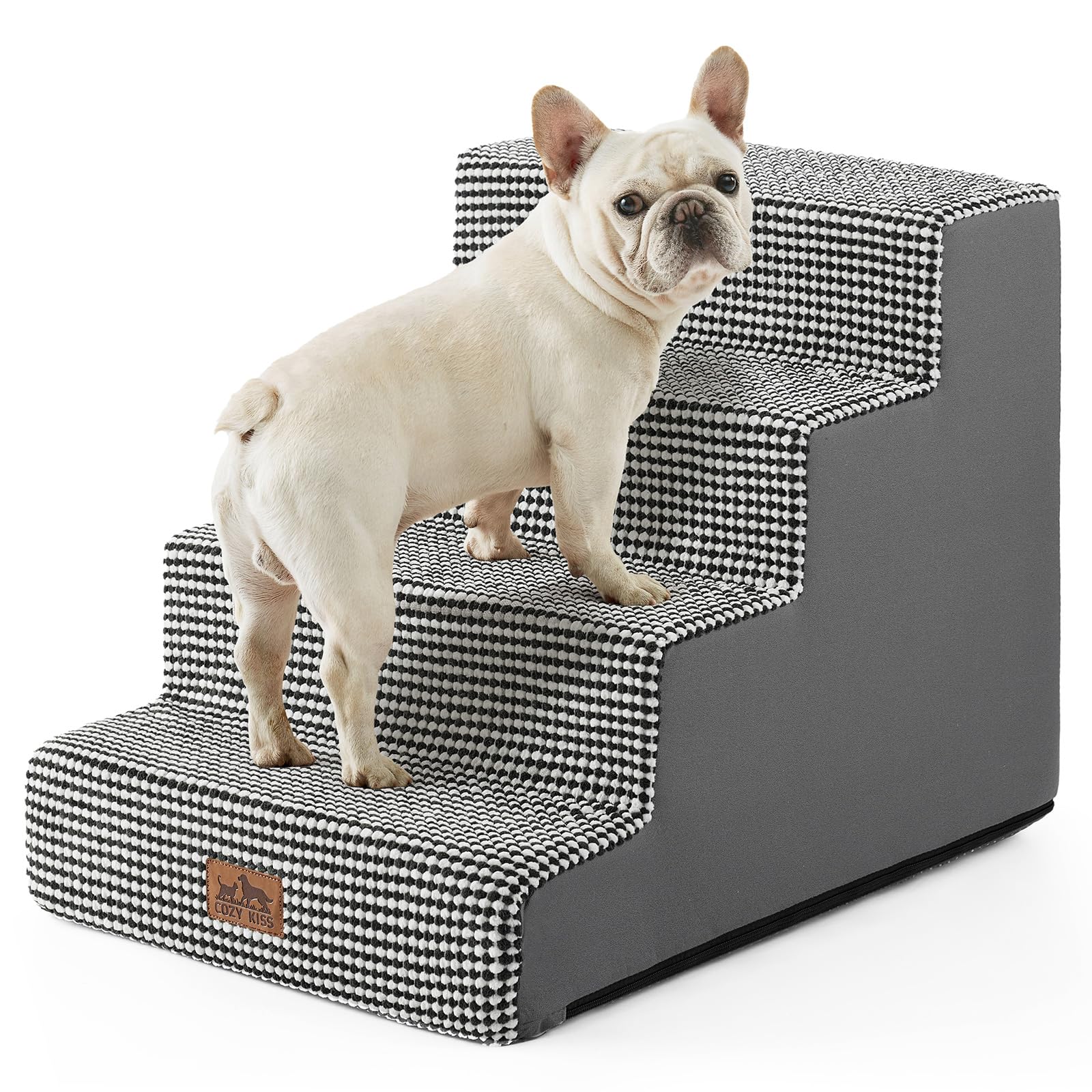 COZY KISS Hundetreppe für Kleine Hunde, 4 Stufen Breiter Haustiertreppe für Bett Couch Auto, 45cm Hoch Hochdichtem Schaumstoff Katzentreppe mit Abnehmbarem Bezug (Schwarz & Weiß, 60x45x45cm, 4)