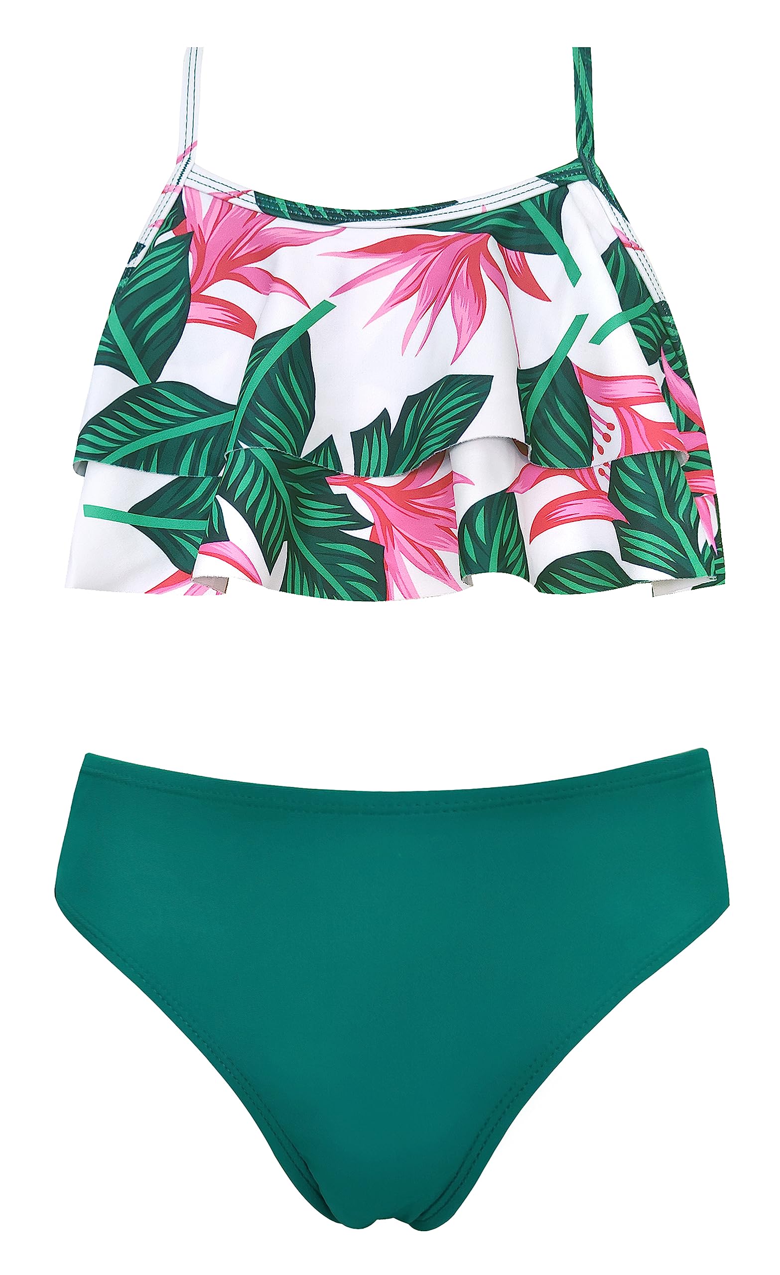 SHEKINI Tweedelig badpak voor meisjes, ruches, verstelbaar, bedrukt, tankini-bovendeel met bikinibroek, bikini voor tieners van 6 tot 14 jaar, zwarte bloemen, 8 Jaar