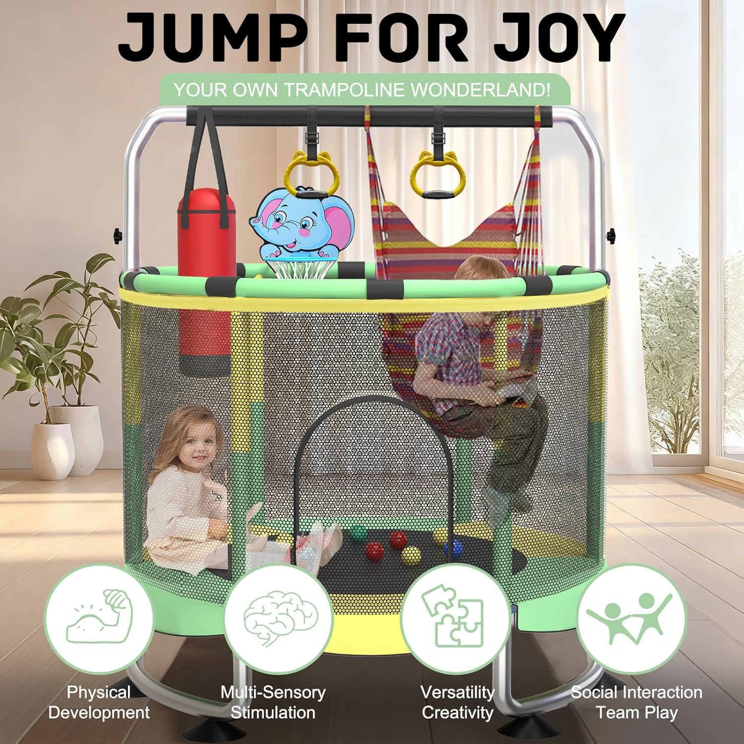 Trampoline for Kids, 60" Toddler Trampoline Indoor Outdoor, 440lbs KidsTrampoline with Enclosure Net, Upgraded Ring Legs with Adjustable Gymnastics Bar, Gifts for Ages 1-8 Boys&Girls