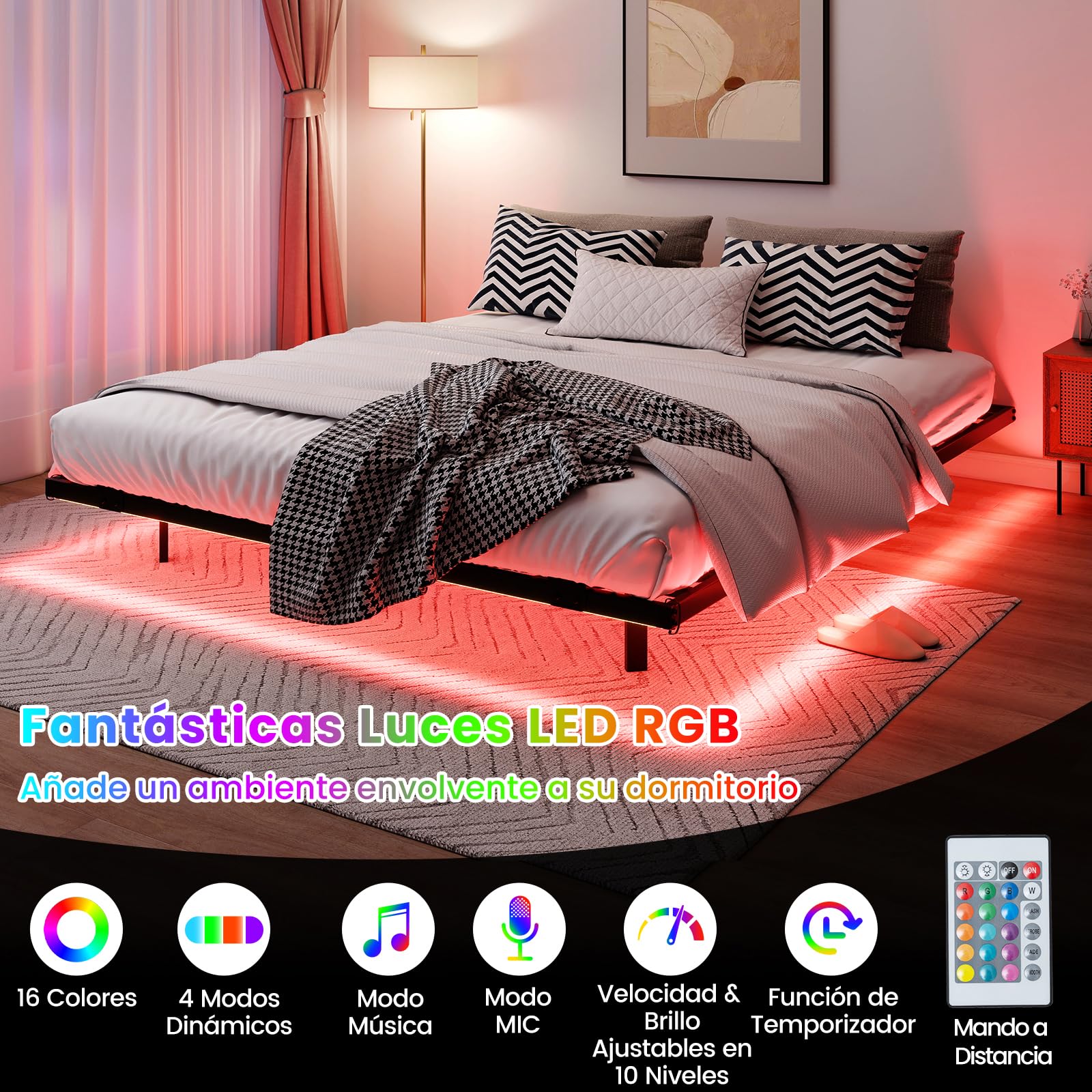 COSTWAY Estructura de Cama Flotante con Luces LED, Marco de Cama de Metal, Cama Plataforma Moderna con Tope Antideslizante para Colchón, Base de Láminas Resistentes (200 x 160 x 24 cm)