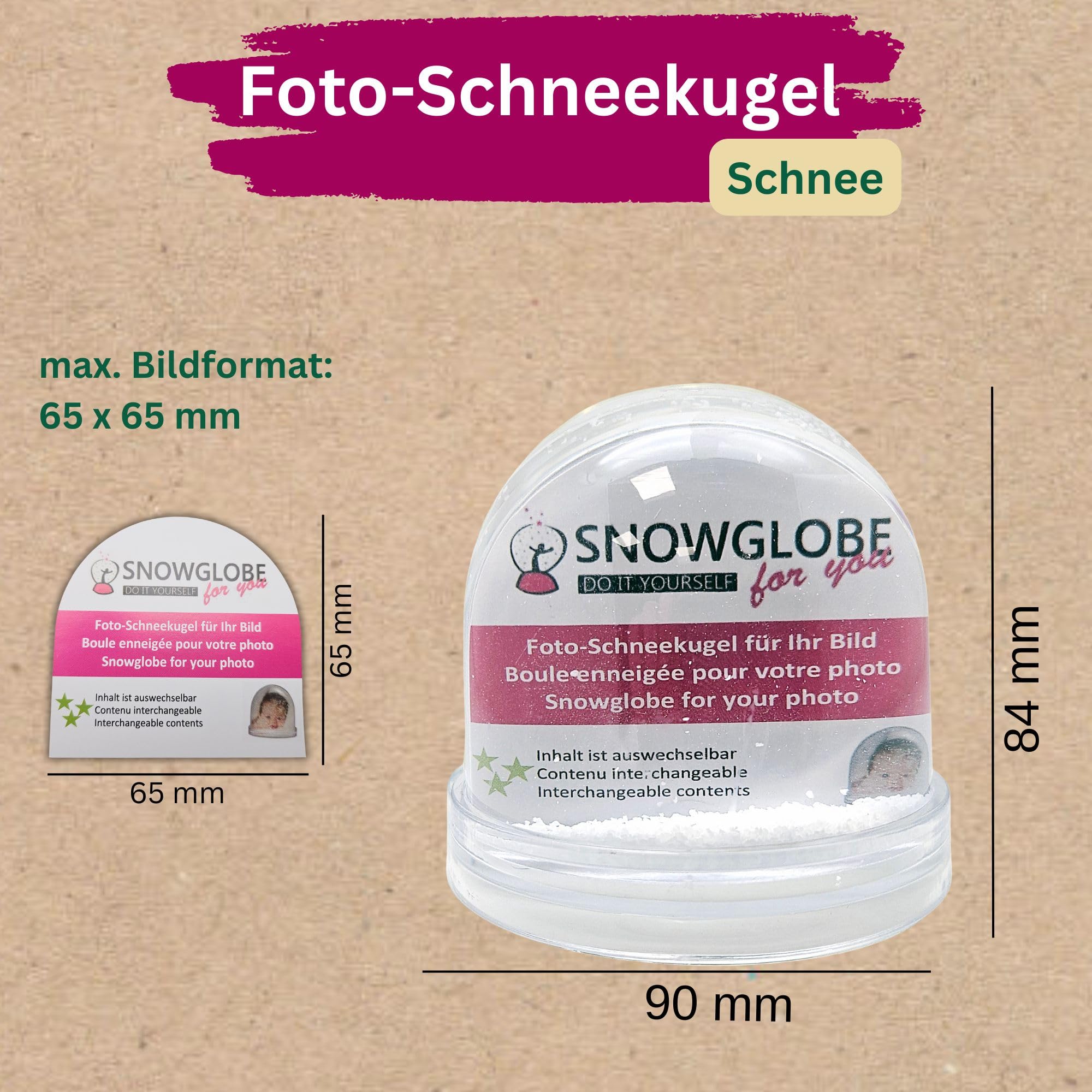 Bola de nieve grande para fotos, contenido: nieve, 9 x 8 cm, con 2 imágenes, base transparente, 50000 (4 unidades)