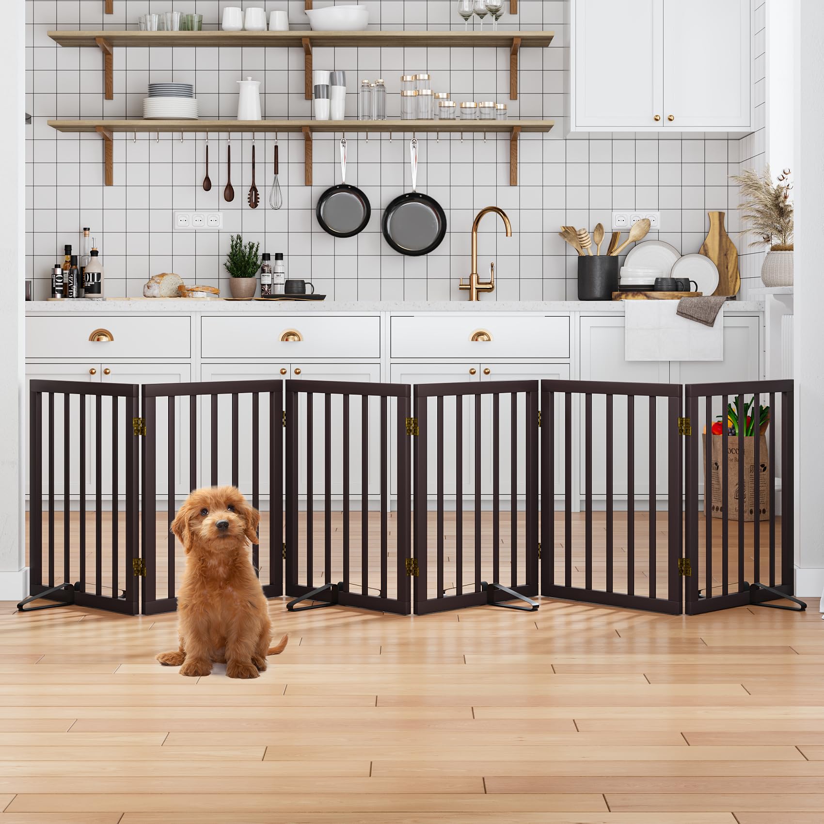 Freestanding Pet Gate Foldable Dog Gate,Walnut Bamboo Dog Gates for Stairs Doorways House Indoor (2 Support Feet Included) — view 35