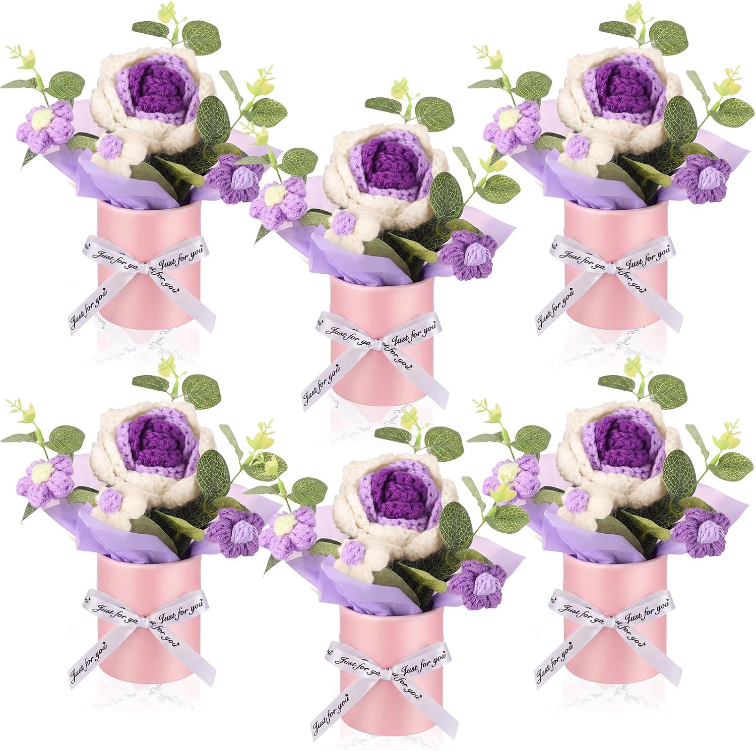 Willinglong 6 Set Graduation Crochet Puff Flowers Potted Plants, 4.7" x 5.9" Mini Artificial Knitted Flowers Bouquets with Gift Bag for Women Table Centerpiece Decoration(Pink,Gradient)