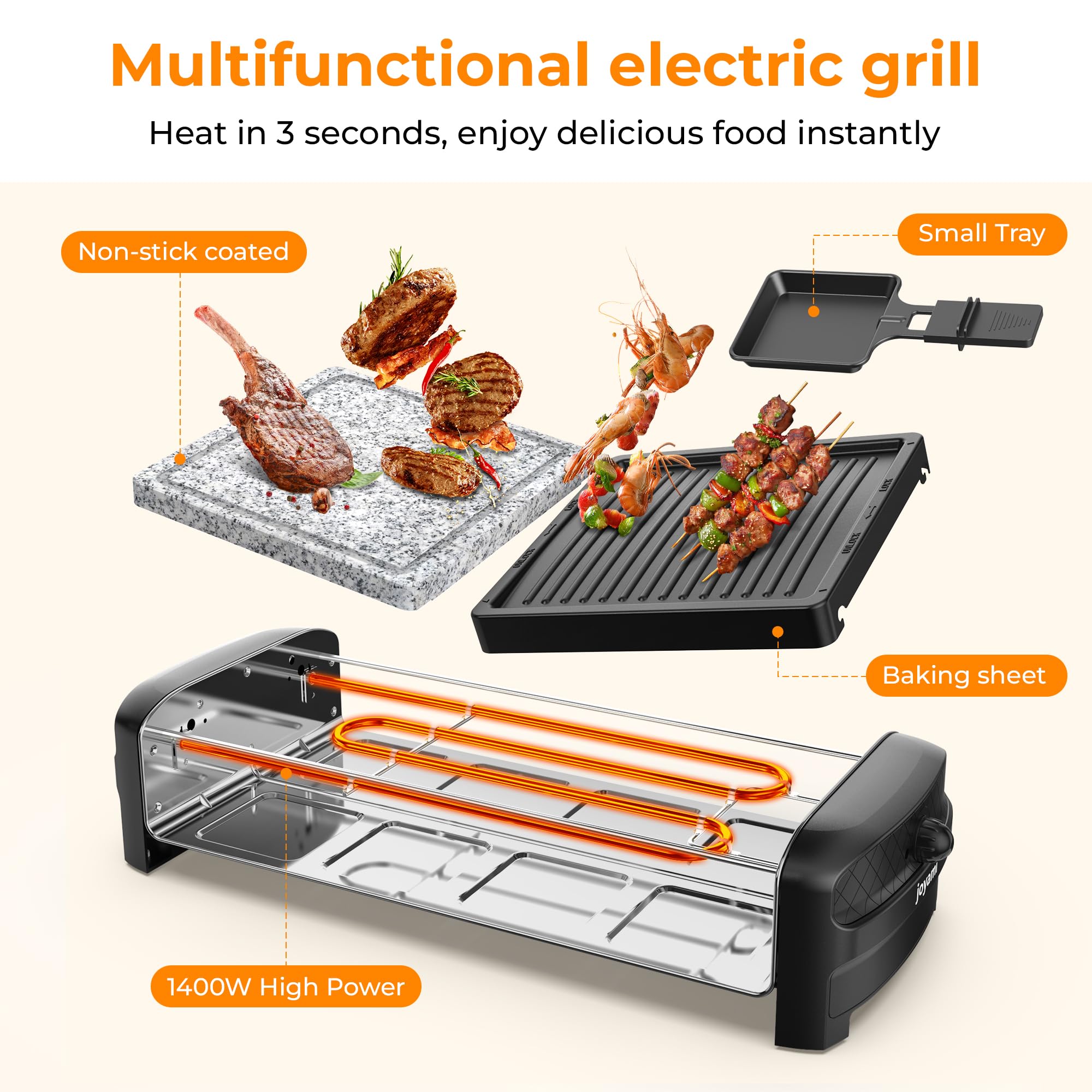 Griglia Elettrica JOYAMI Raclette da Tavolo con Pietra Naturale e Piastra Grill, Raclette con Piastra Antiaderente e 8 Pentolini,Griglia Elettrica per Grigliate Gratinati, Acciaio Inossidabile, 1400 W