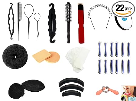 Out Of Box Combo Velcro Bumpits Maker With Hair Donut 2 Pieces Puff Sponge 1 Round Comb & 50 Wax Strips Wood Knife 12pcs perming roller 5x mirror hair spring it with zic-zag hair band