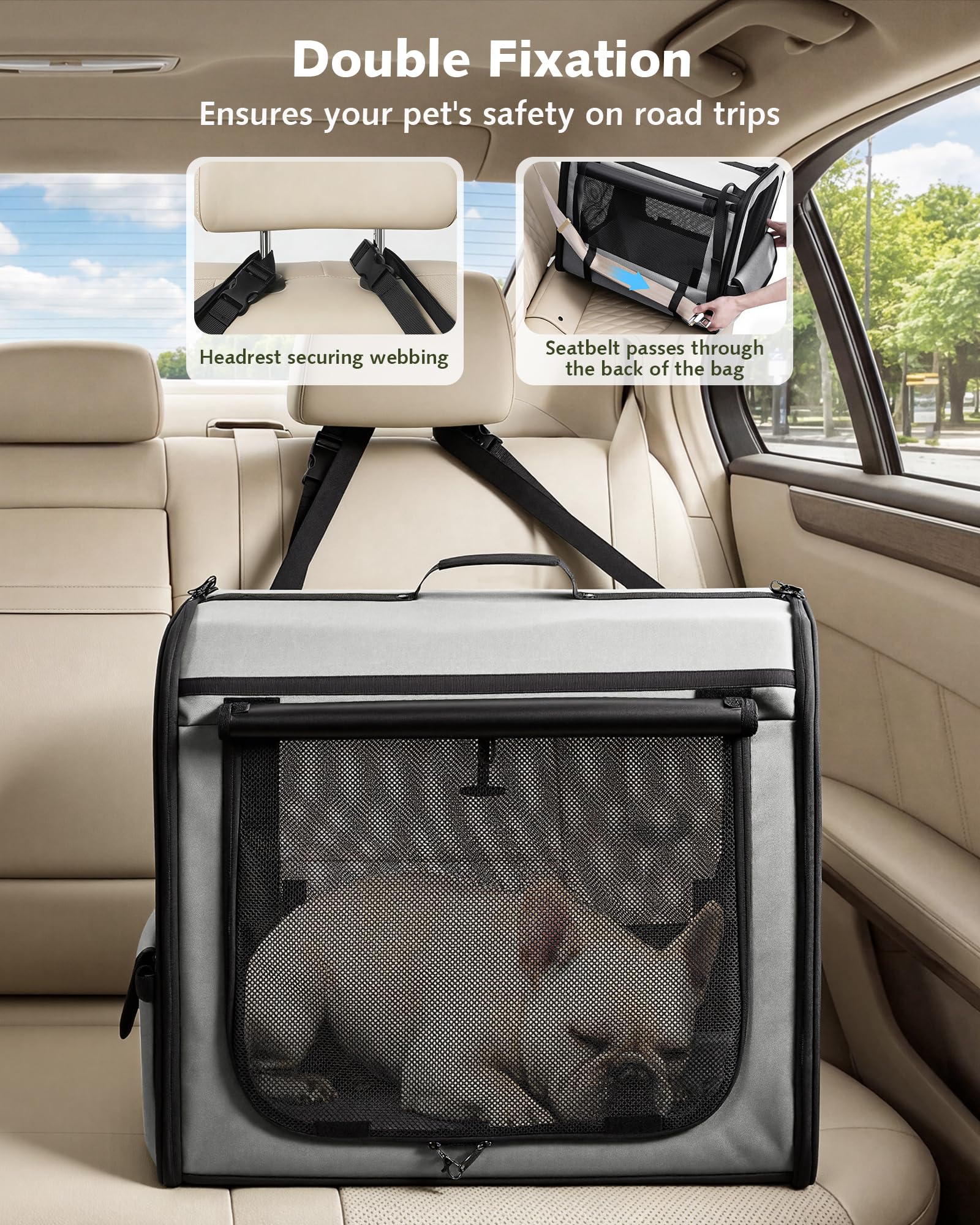 Pecute Trasportino Cani Stabile Leggero, per viaggi e auto, Portatile Con Finestre Traspiranti, Pieghevole Per Animali Domestici, Uso Interno Esterno, 61×45×52 cm, Grigio