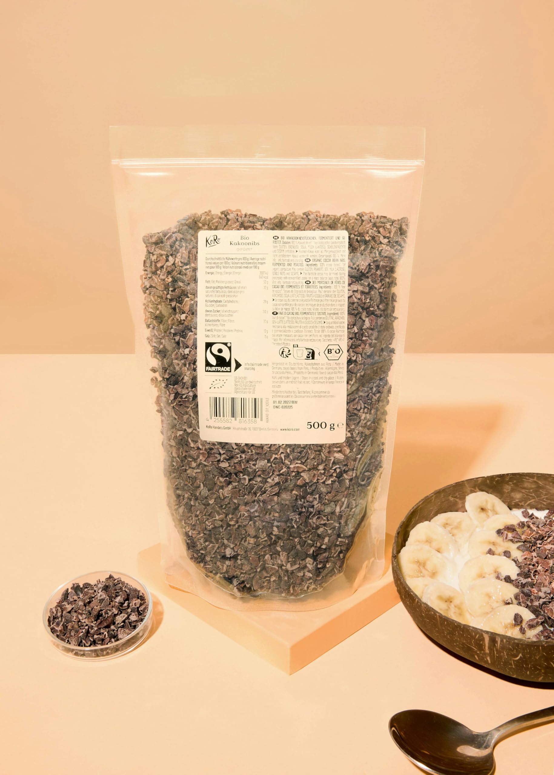 KoRo - Grués de cacao Fairtrade bio 500 g - Fèves décortiquées et torréfiées - Goût chocolaté - Riche en fibres