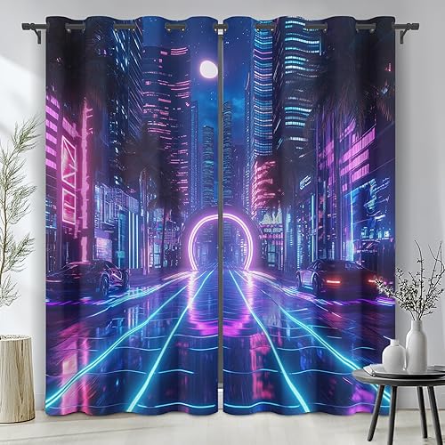 Synthwave - Cortinas de neón para cocina, 2 paneles, cortinas opacas futuristas Cyberpunk con aislamiento térmico, cortinas abstractas con ojales