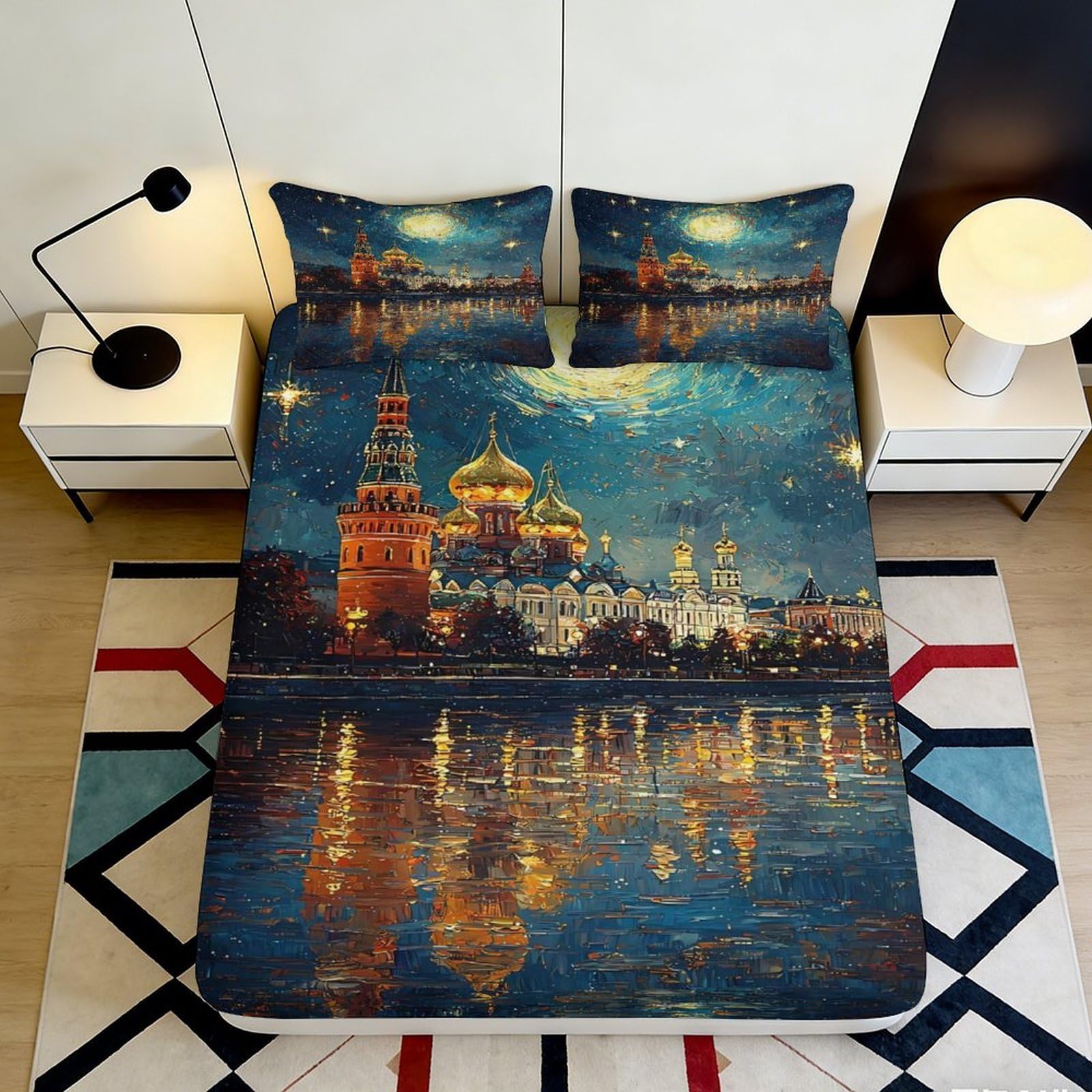 3D Printed Night Sky Fitted Sheet Microfiber Soft Breathable Kremlin Reflection Mattress Cover for Bedroom Dormitory Guest Room Decor Protection 180x200x25cm
