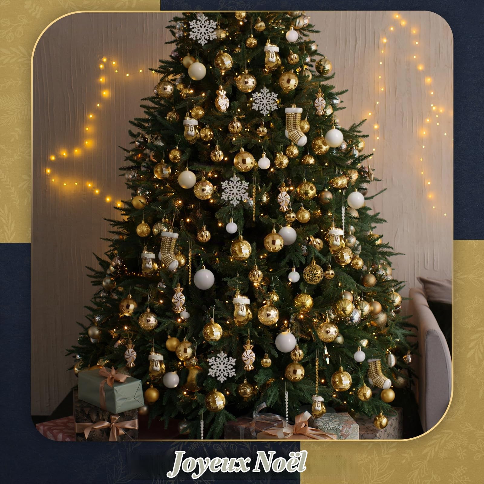 SOLEDI Lot de 128 Boule de Noel - Decoration Noel Sapin - Boules de Noël en Plastique Incassable - pour Decoration Noel Extérieur ou Intérieure - Décorer Sapin de Noël - Deco Noel (Or et Blanc)