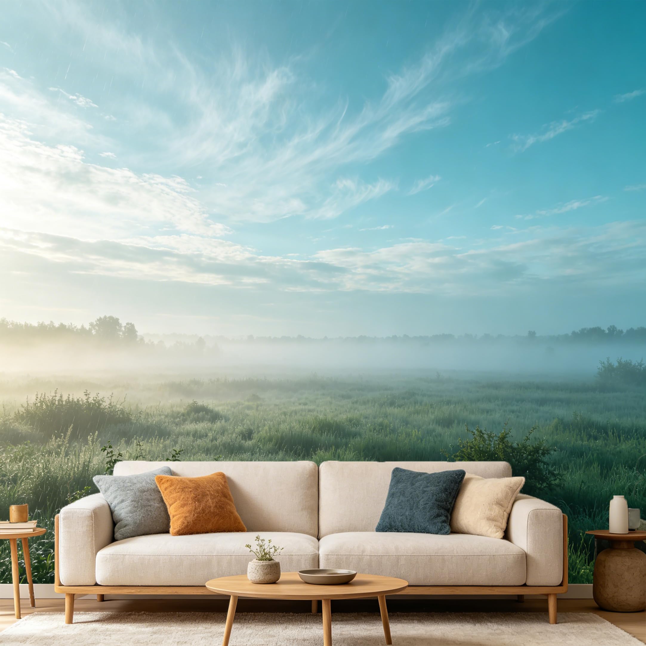 Custom Size Wall Mural Misty Morning Meadow Landscape Sunlit Foggy Field Nature SelfAdhesive Art Prints wall Fabric（No PVC） Removable Wallpaper Home Bedroom Decor