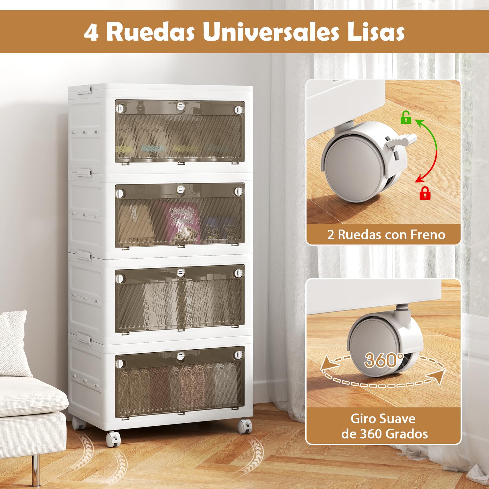 GOPLUS Caja de Almacenamiento Plegable con Tapa 126 L/168 L, Cajones de 3 Vías de Apertura, Organizador Apilable con Ruedas para Dormitorio Guardarropa, Almacenaje para Ropa Zapatos (4 Niveles)