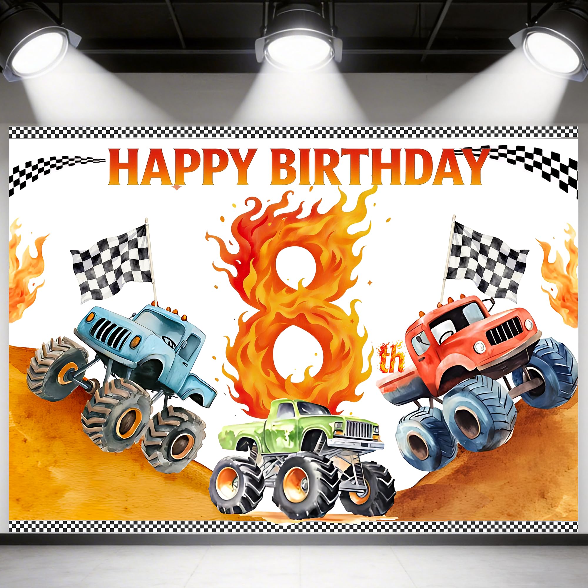 Truck 8th Birthday Decorations for Boys，8th Happy Banner Backdrop，8th Race Car Theme Party Decor Supplies