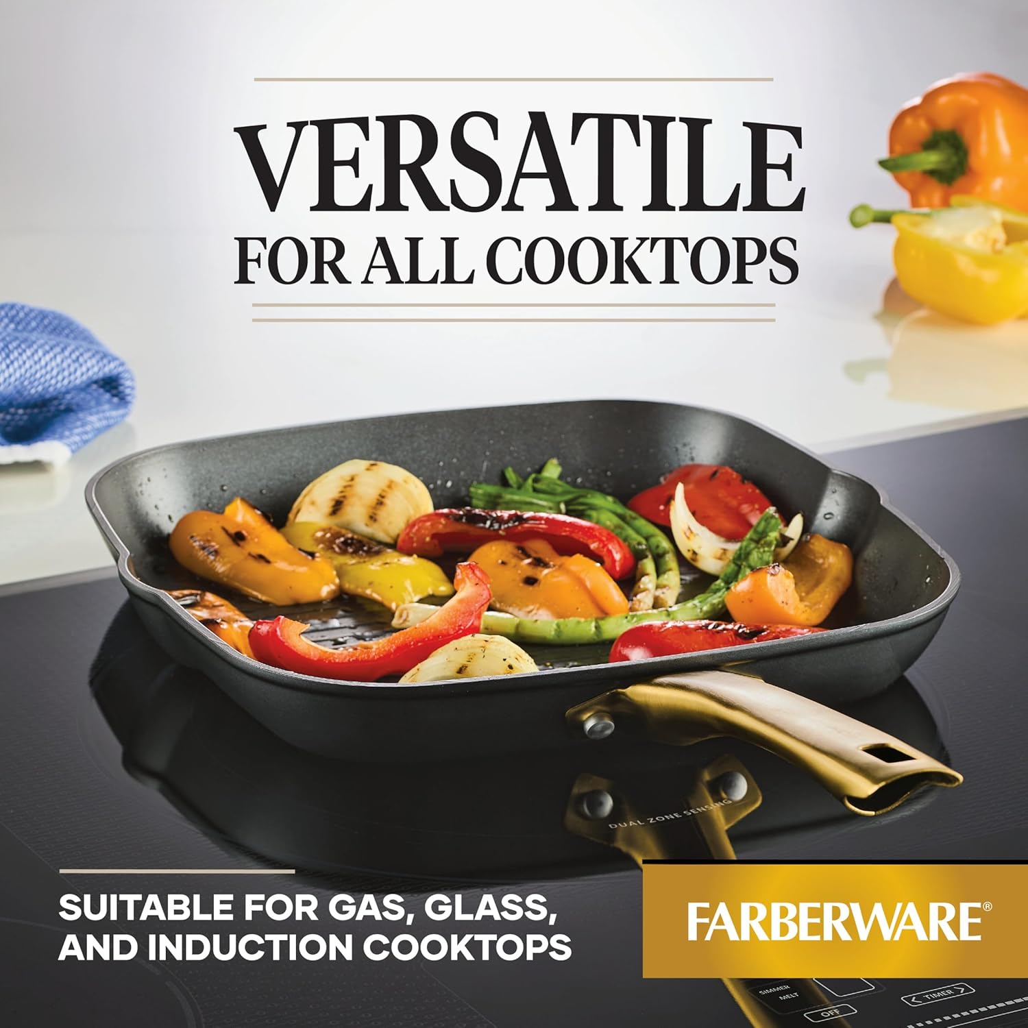 Farberware Forged Induction Ceramic Cookware Nonstick Square Grill Pan/Griddle Pan, Dishwasher Safe, Suitable for All Stovetops, 11 Inch - Black and Gold