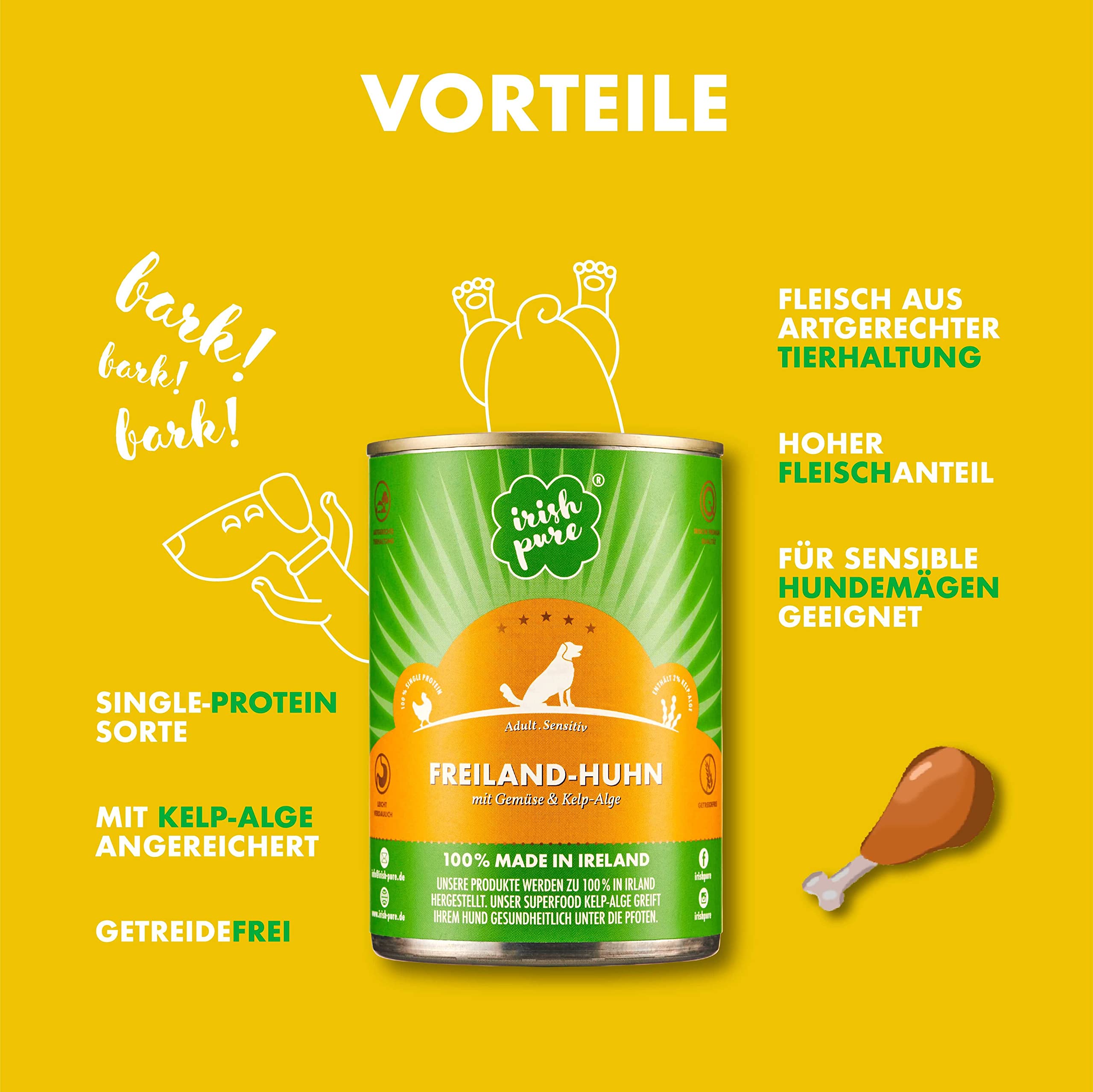 Irish Pure Premium Nassfutter für Hunde | 12x 390g | irisches-Huhn | Vitamine | Getreidefrei | Sensitiv | mit Superfood Kelp-Alge | Nassfutter für alle Rassen