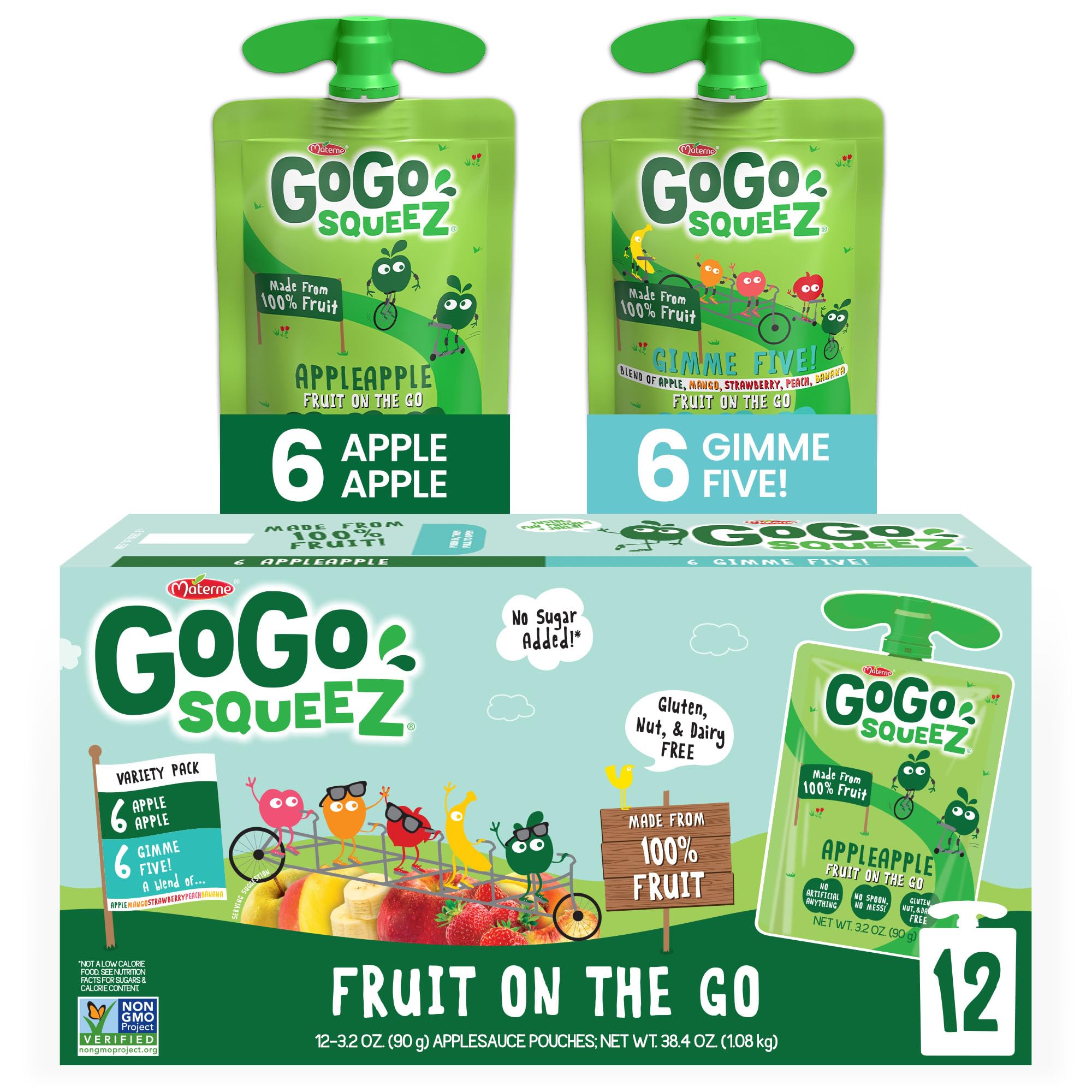GoGo squeeZ Applesauce and Fruit Puree Variety Pack, Apple & Gimme Five!, 3.2 oz (Pack of 12), Unsweetened Fruit Snacks for Kids, Gluten Free, Nut Free, BPA Free Pouches (Packaging May Vary)