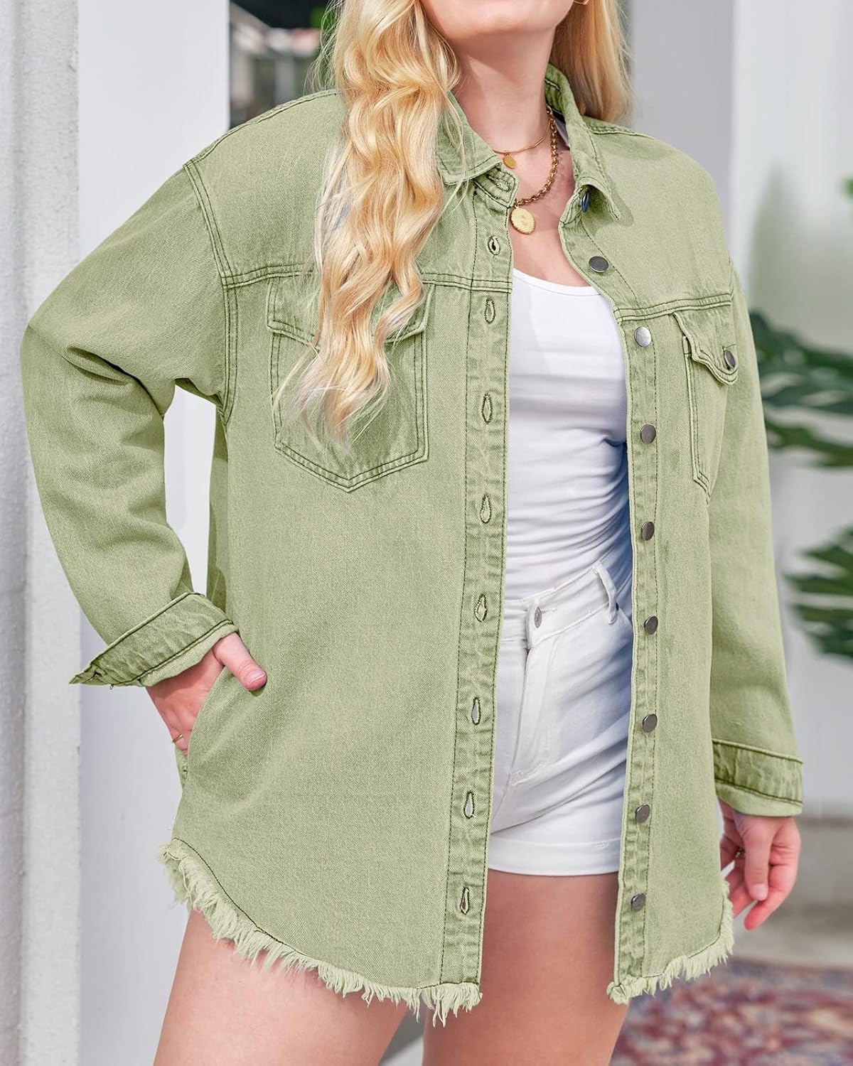 Vetinee Women’s Oversized Button Up Frayed Hem Shacket Long Sleeve Pockets Denim Jean Jacket - Image 8