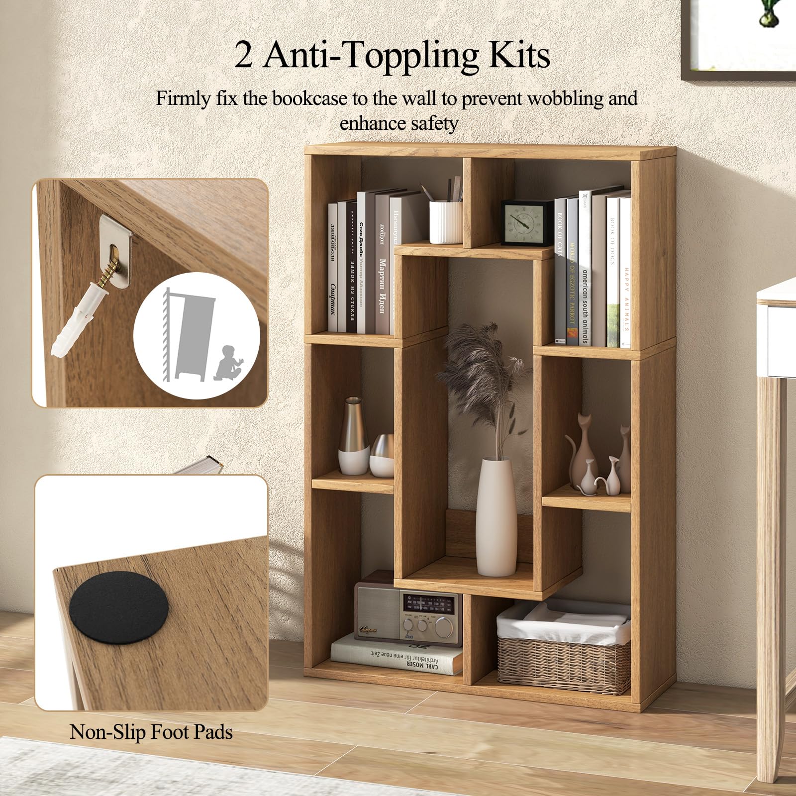 HOMASIS Bibliothèque en Bois à 7 Compartiments, Meuble de Rangement avec Protection Anti-Retournement, Étagère d'angle Séparatrice de Pièces pour Salon, Bureau, Chambre, 60 x 20 x 90 cm (Naturel)