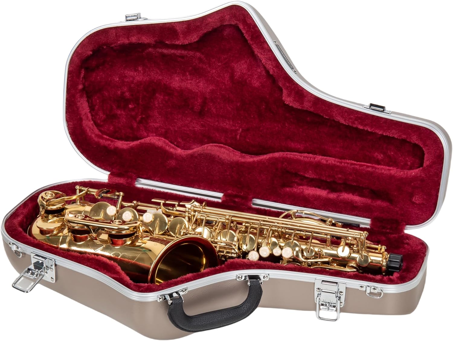 Crossrock ABS Alto Saxophone Case – Contoured Champagne Finish, Burgundy Velvet Interior, Accessory Pocket, Security Lock & Detachable Strap