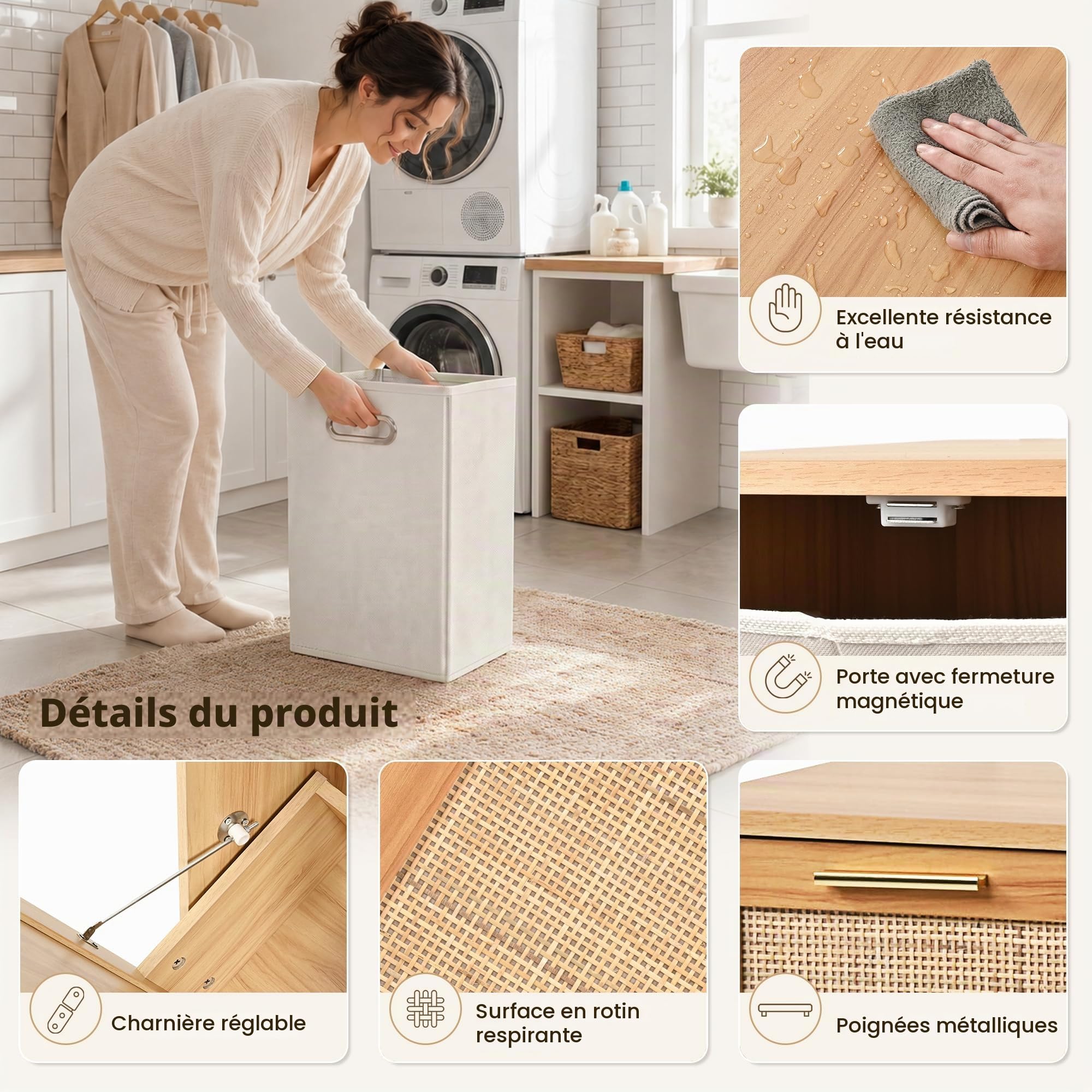 Armoire de salle de bain avec paniers à linge, panier à linge inclinable, armoire de rangement de salle de bain avec design en rotin véritable, 2 paniers à linge amovibles avec poignées, 66 x