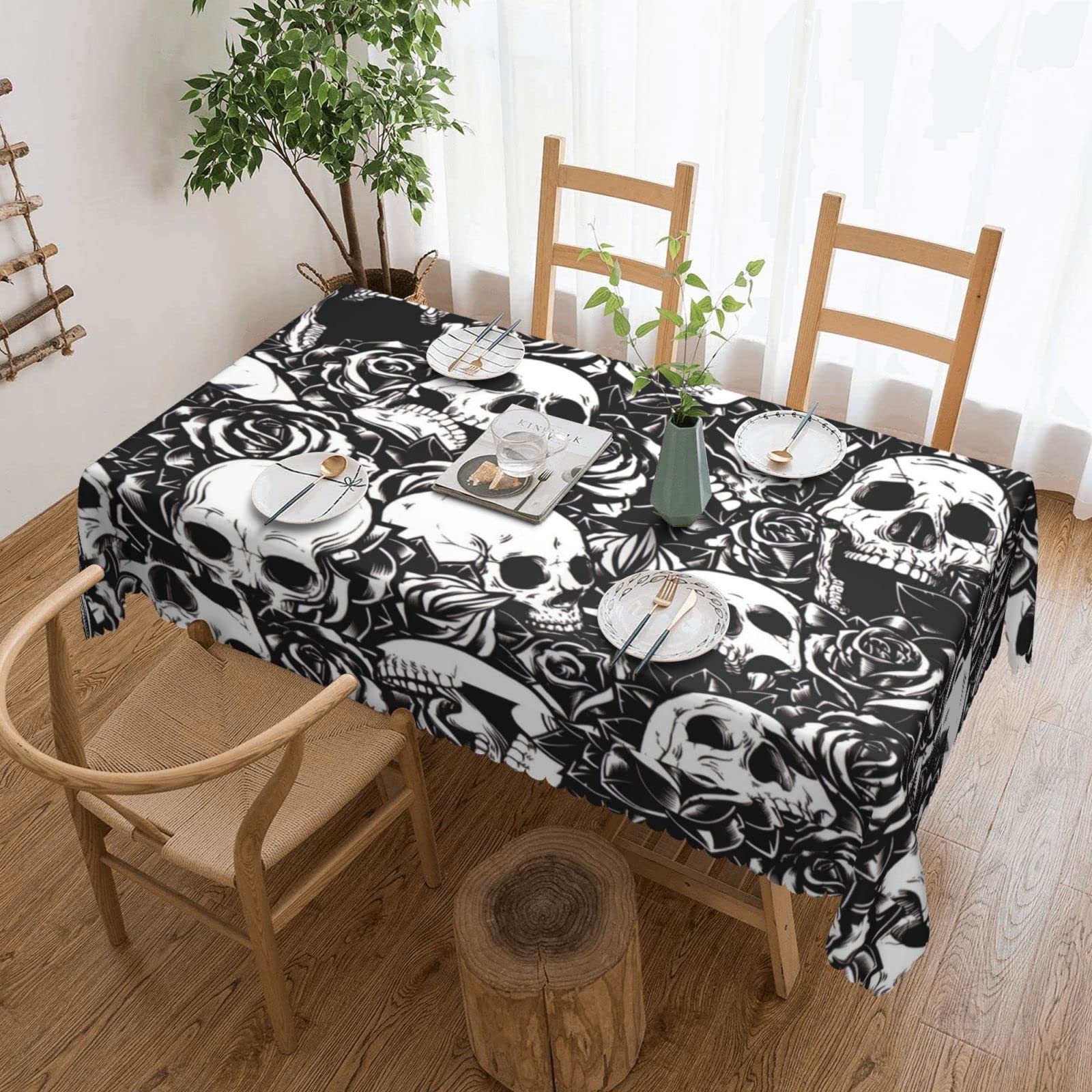 Aseelo Black Floral Skull Pattern Tablecloth, Rectangular Lace Tablecloth 54X72in, For Kitchen Living Room Table Decoration.
