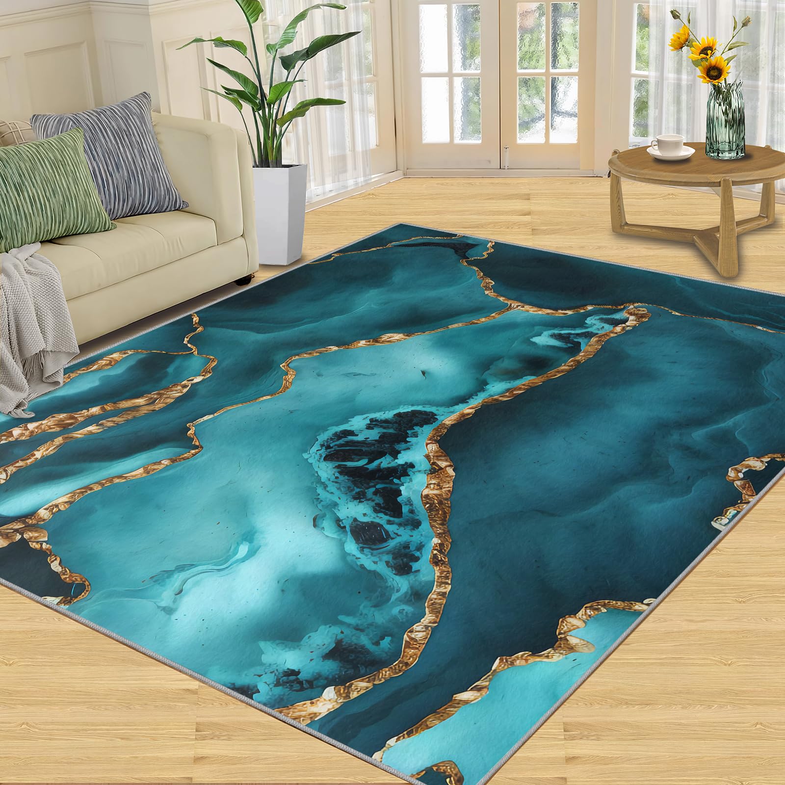 QDJKBL Green Emerald Turquoise Marble Texture, Area Rugs 70 X 120 Cm Gilded Curved Stripes Ink Background Apartment Carpet, Low Pile Rug Do Not Fade for Living Room