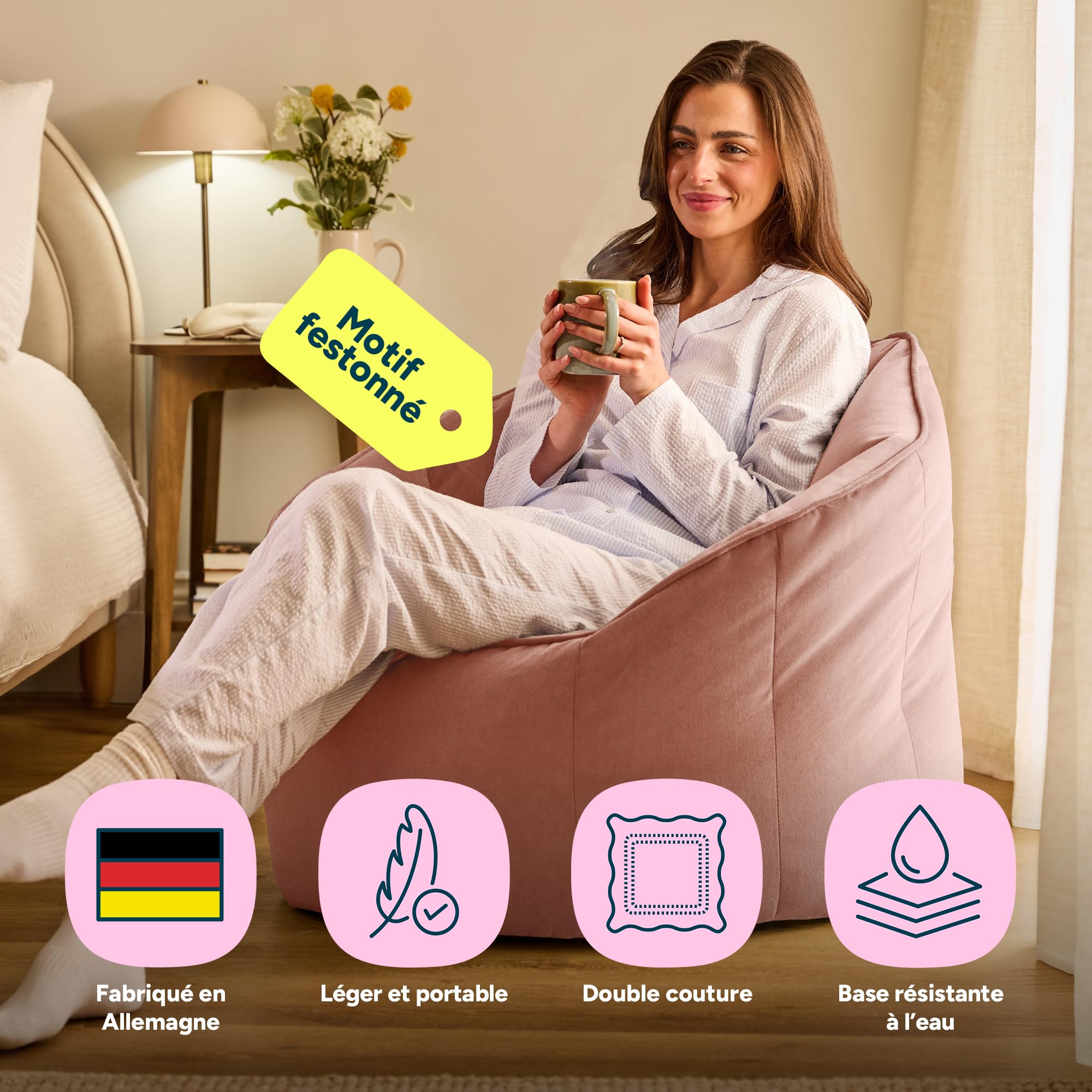 Icon Sirena Fauteuil Pouf Velours, Pouf Chambre avec Remplissage, Rose