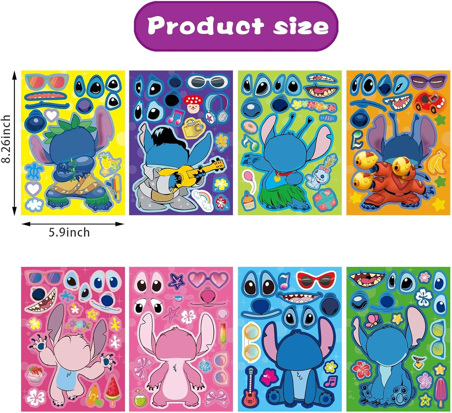 24PCS 9"x6" Cartoon Stitch Make-a-face Stickers for Adult,Mixed & Matched with 8 Designed Characters Stickers for Party Decoration, Reward, Decor, Gift Idea image 2