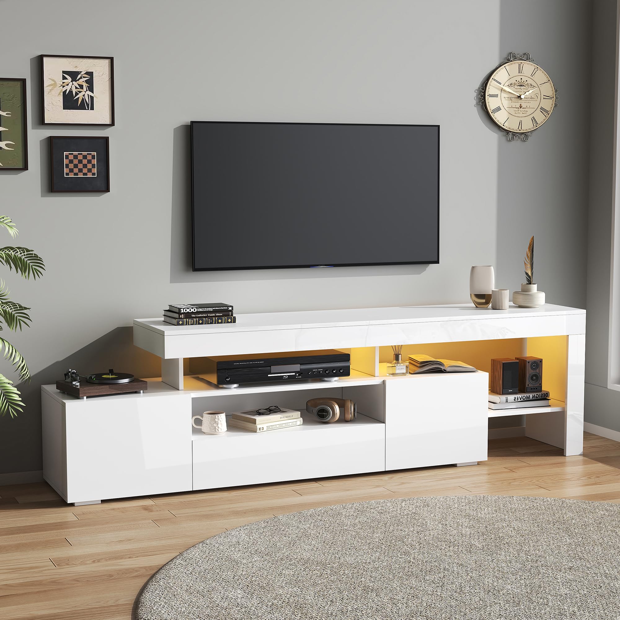 Mueble de TV blanco 192 x 37 x 53 cm, con tres compartimentos, iluminación LED, base y soporte de TV brillantes, estante de TV y mueble, apto para televisores de hasta aproximadamente 85