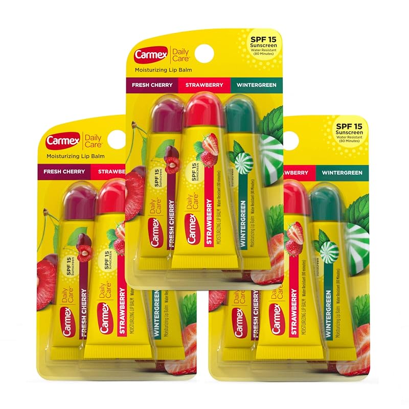 Bálsamo labial Carmex Daily Care em tubos, sabores cereja fresca, morango e wintergreen, SPF 15, pacote com 9 unidades