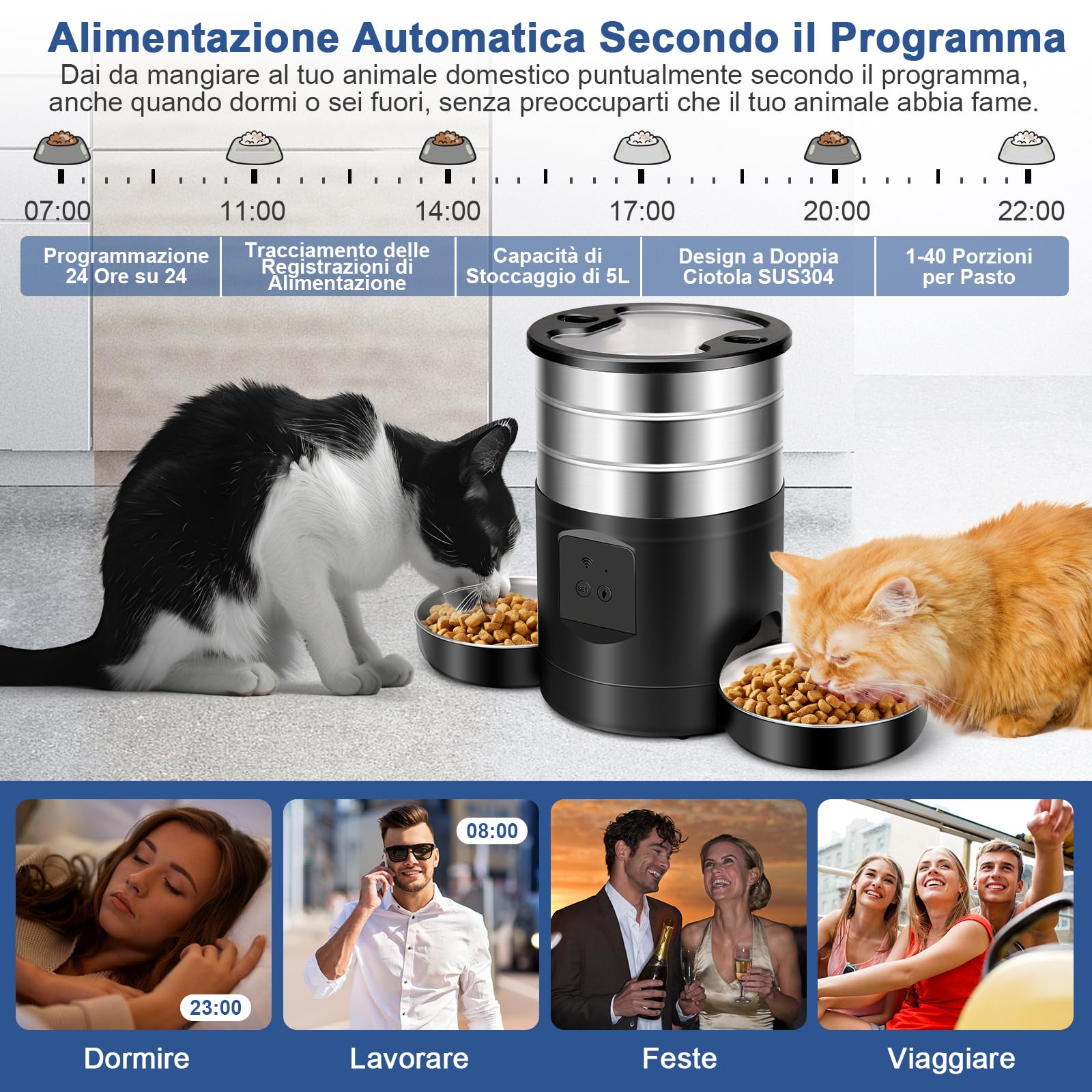 5L Distributore Automatico Cibo Gatti 2 Ciotole, Dispenser Crocchette Gatto 2.4G WiFi Acciaio Inox Anti-Intasamento 24h Timer 1-10 Pasti al Giorno Alimentazione 1-40 Porzion, Mangiatoia per Cani Gatti