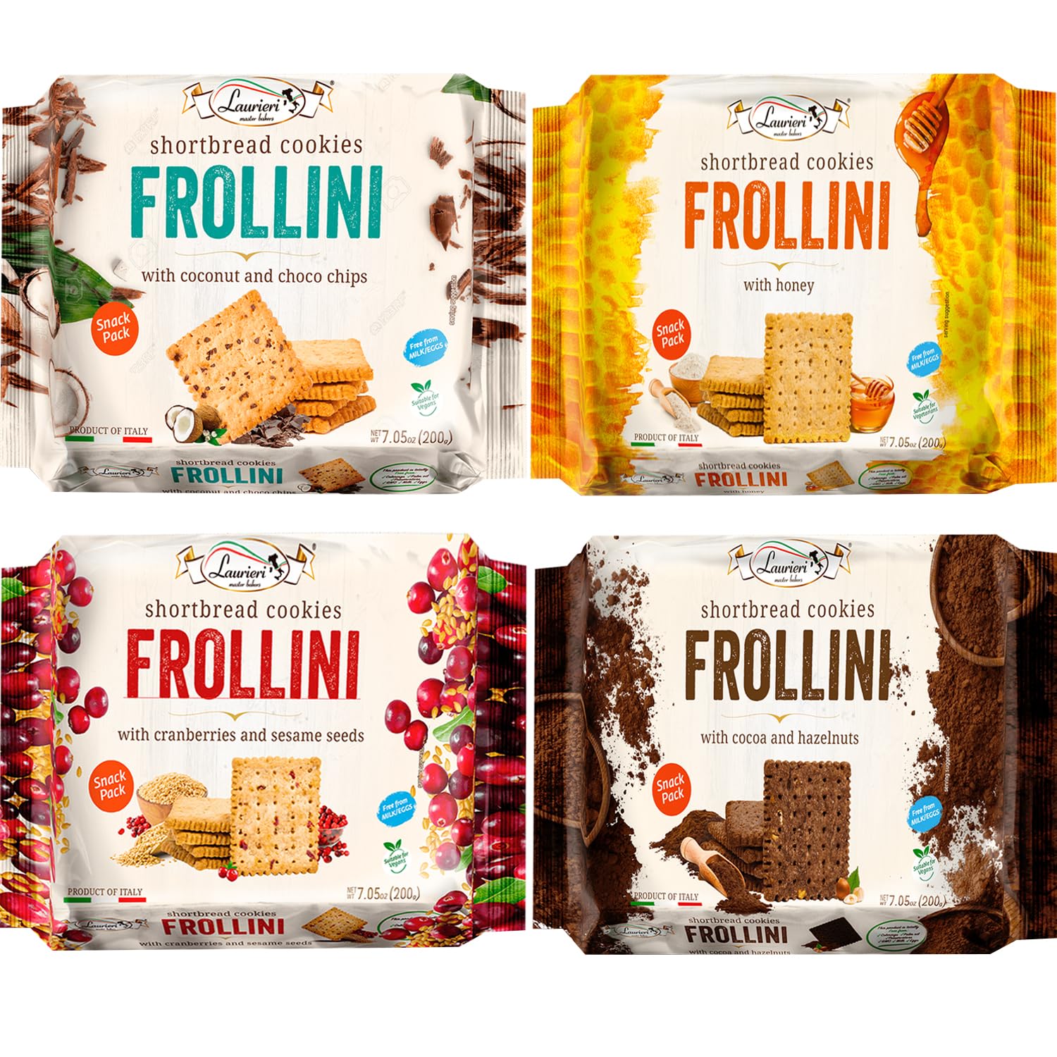 Tea Biscuits Cookies - Italian Shortbread Cookies - 4 Flavors - Breakfast Biscuits - Coffee Cookie Variety - Italian Cookies from Italy - Chocolate Chip Coconut, Hazelnut & Cocoa, Honey, Cranberry & Sesame - Vegan, Preservative Free