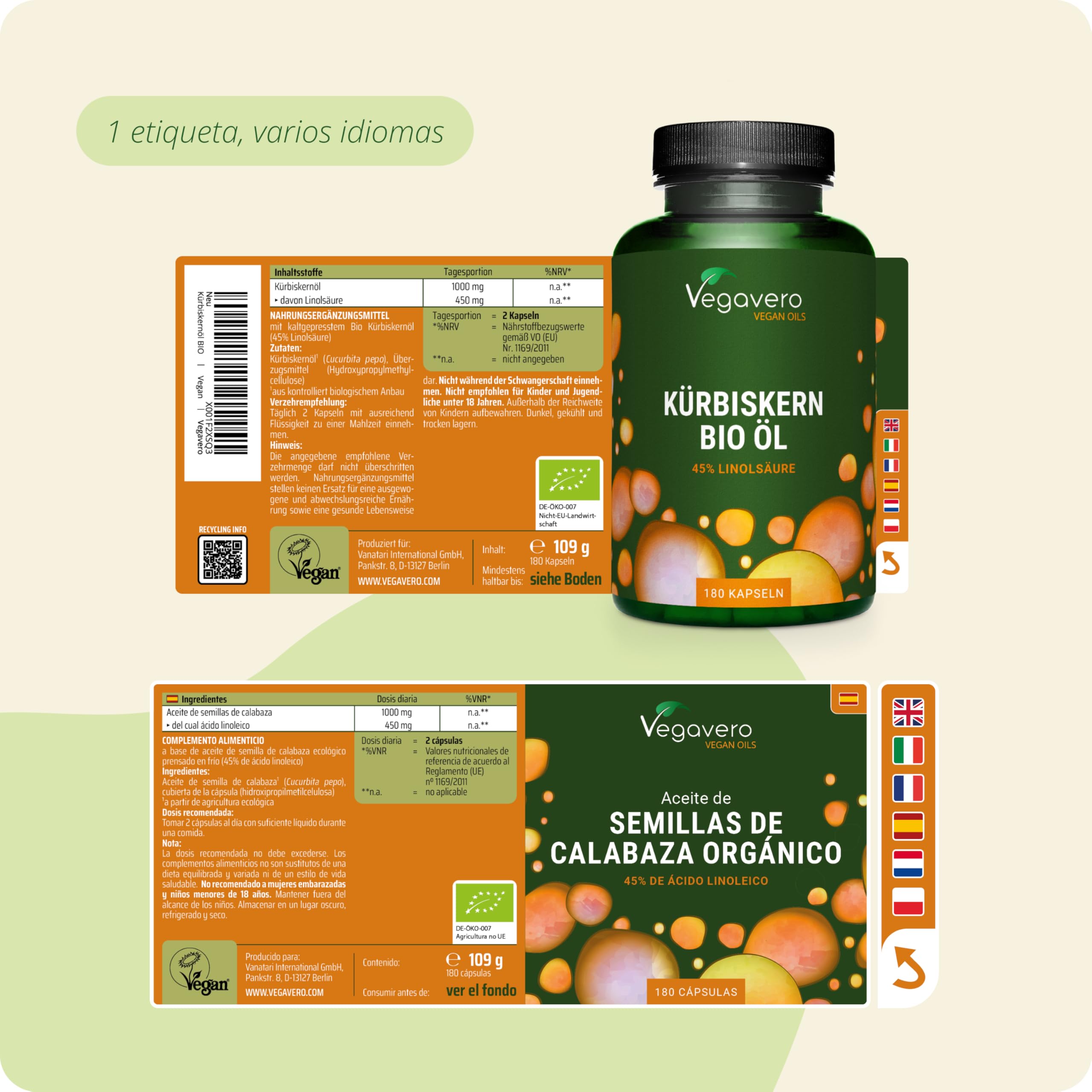 Pumpkin Seed Oil Vegavero | El Único Orgánico | Aceite Semillas Calabaza | 180 Cápsulas | Prensado En Frío | Sin Aditivos & Vegano | Incontinencia & Próstata | Sin Gelatina