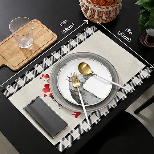 Vista 6 de Juego de manteles individuales para el día de San Valentín con camino de mesa a juego de arpillera de algodón y lino