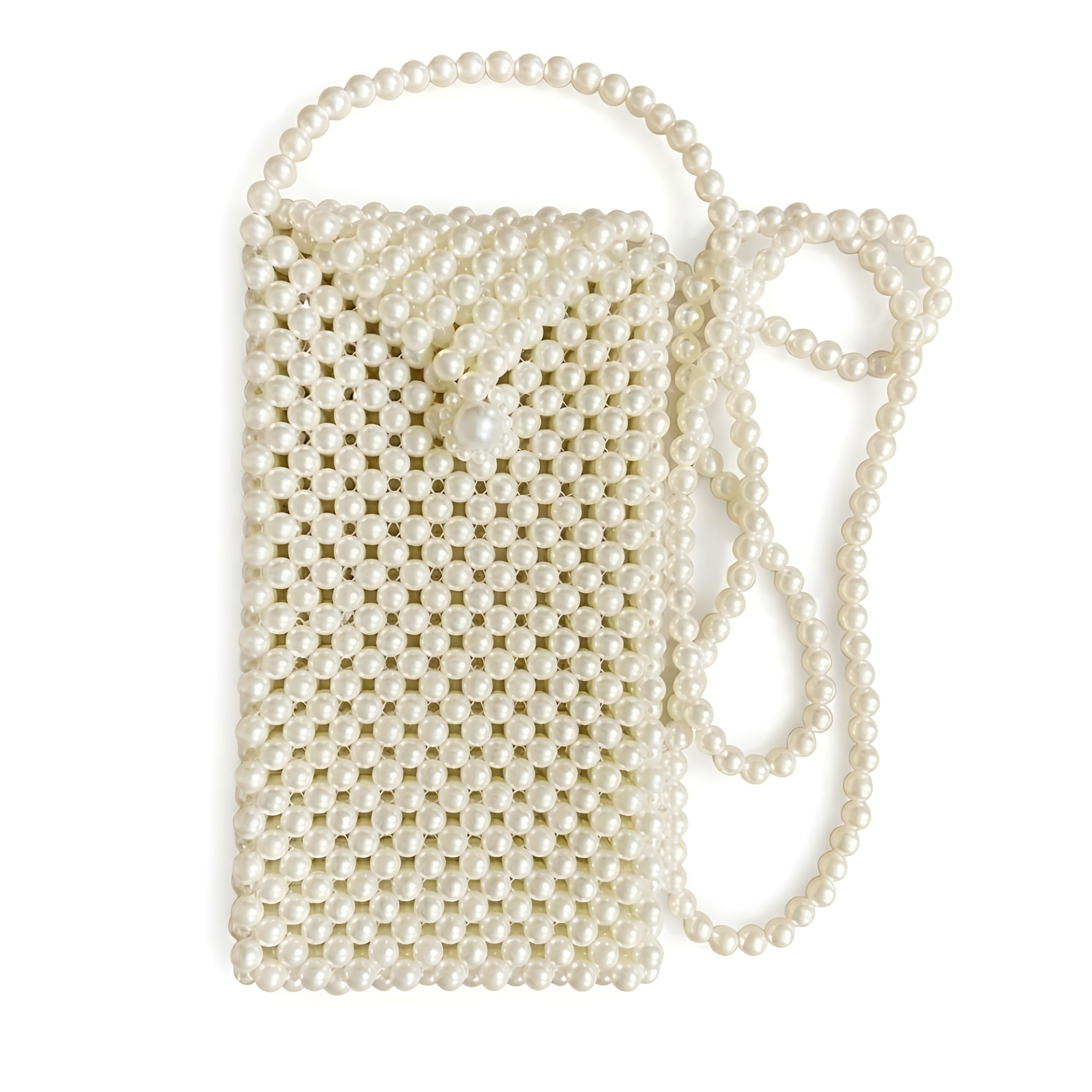 NAYASHI Pearl Beaded Handbag & Mobile Cover, Ivory White Handmade Beaded Purse with Flap & Pearl Button, Long Pearl Sling Strap, Fits All Smartphones (8 x 4.5 Inch)-image-3