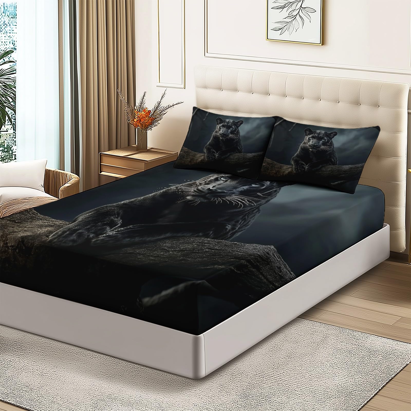 Lenzuolo con Angoli 160 x 200 cm - Locandina del Film Leopardo Animale della Giungla Morbida in Microfibra Spazzolata Lenzuolo con Angoli Nero per Bambini Adolescenti Adulti biancheria da letto