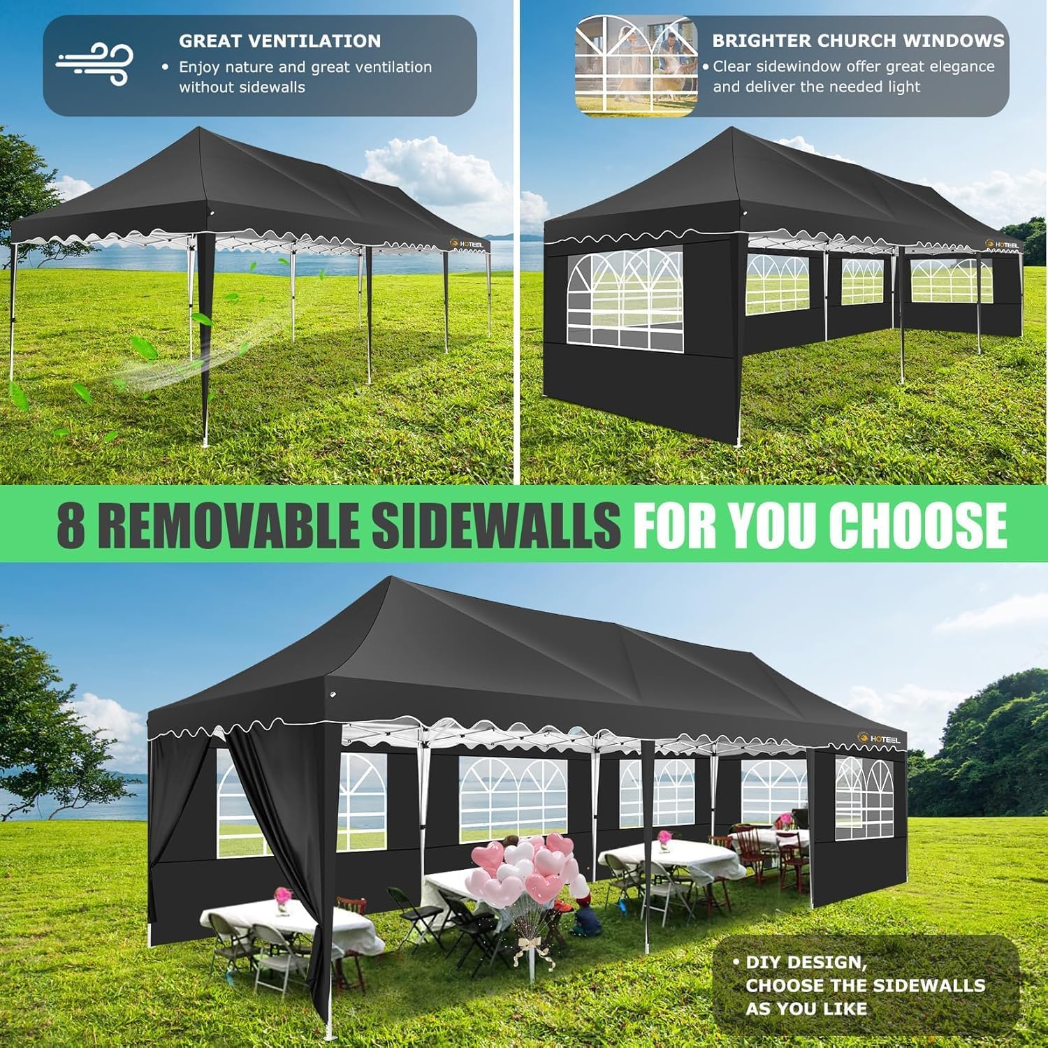 HOTEEL 10x30 Pop up Canopy Tent with 8 sidewalls Easy Up Commercial Outdoor Wedding Party Tents for Parties All Season Wind & Waterproof Gazebo Roller Bag, Black