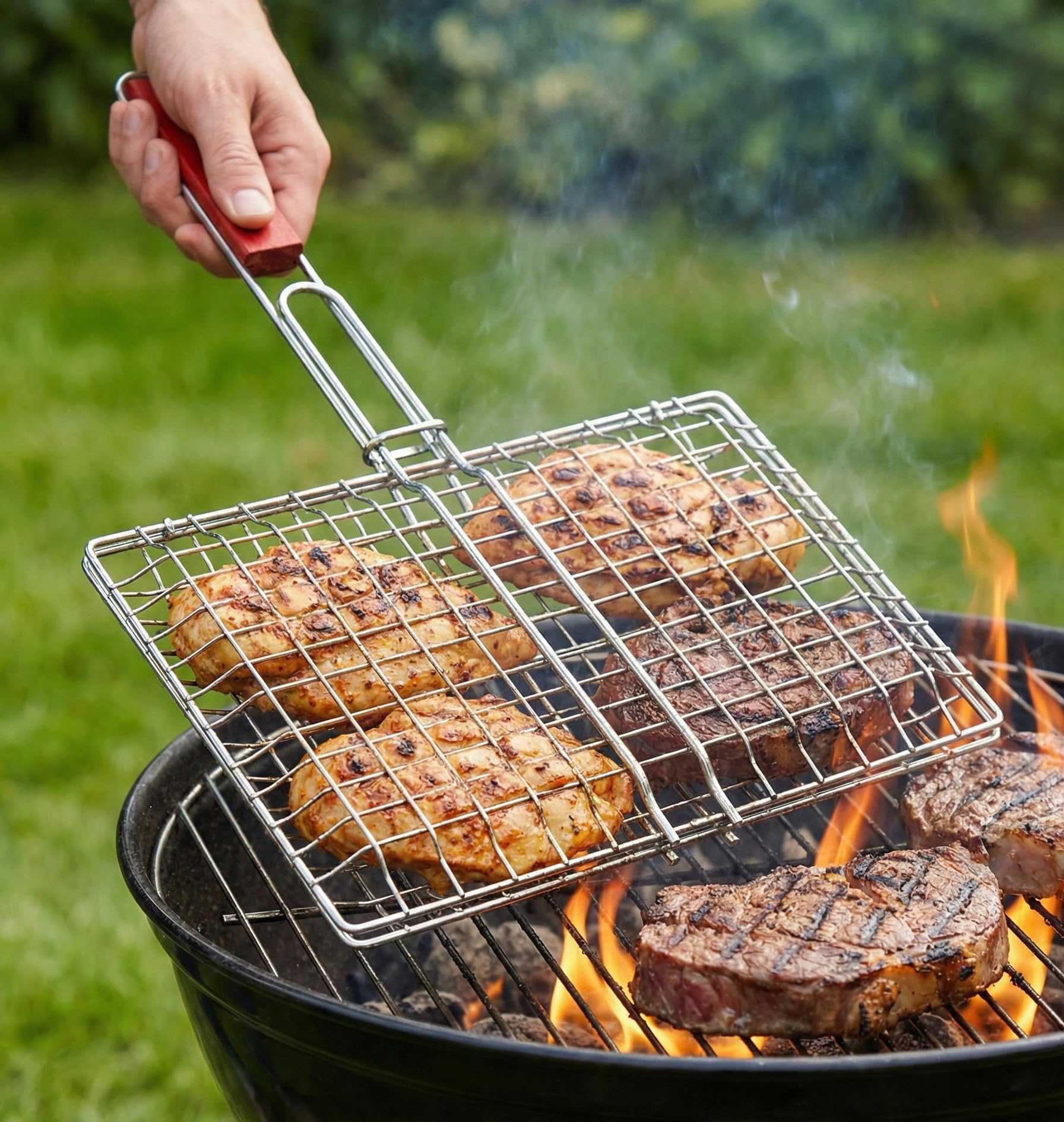 PANTH® Stainless Steel Portable Barbecue BBQ Grill Net Basket Roast Grilling Tray Plated with Wooden Handle Chromium Plated Stainless Steel Barbecue BBQ Grill Net Basket with Wooden Handle-picture-28
