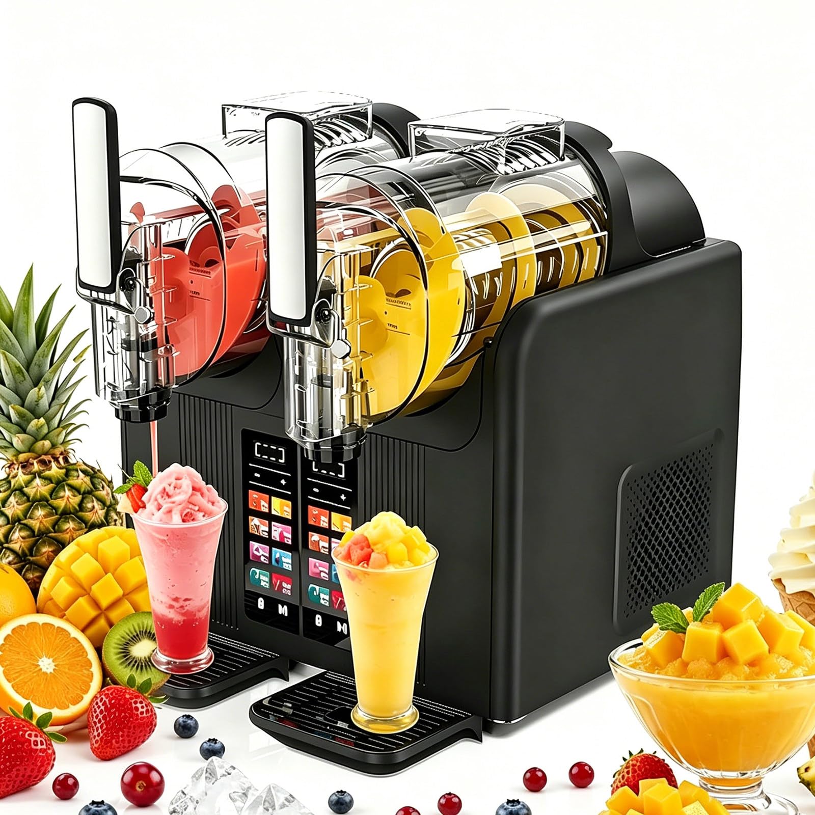 AityBuy Slushie Machine, 2L/68oz Fro-zen Drink & Slushy Maker for Home, No Ice Needed, 7 Presets, Self-Cleaning, for Margaritas, Frappés, Milkshakes, Smoothies DoubleBowl-Black