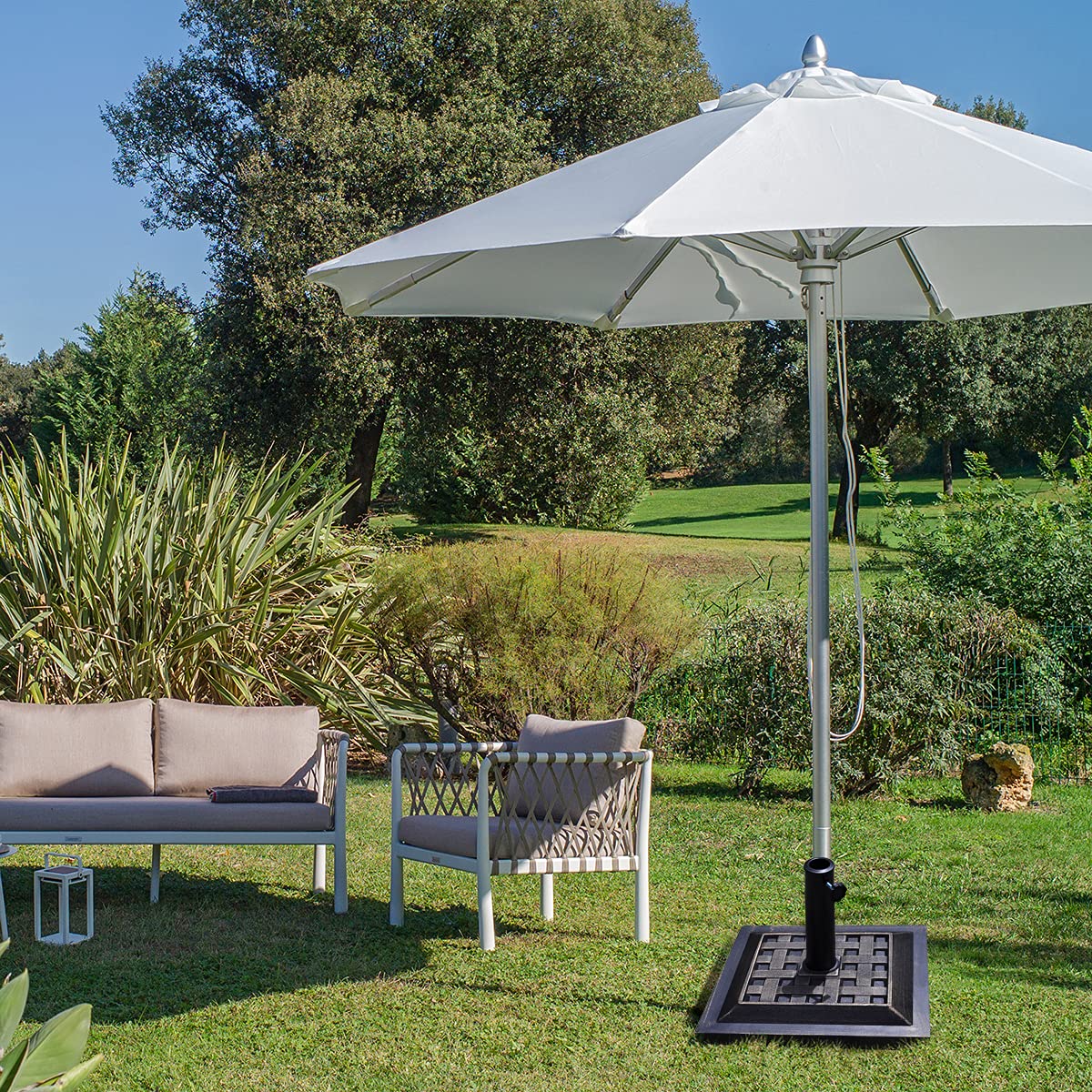 RELAX4LIFE Pied de Parasol Carré 12kg en Résine, Base de Parasol Lourde avec Tube en Acier Inoxydable pour Mâts Ø 38/48mm, Support de Jardin Stable et Robuste, Design Moderne, Noir