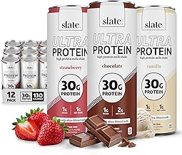 Slate Milk - Ultra Protein Shake - Neapolitan Pack - Chocolate, Vanilla, Strawberry - 30g Protein, 1g Sugar, 130 Calories, 2g Net Carbs - Lactose Free, No Added Sugar - 11 fl oz, 12 Cans