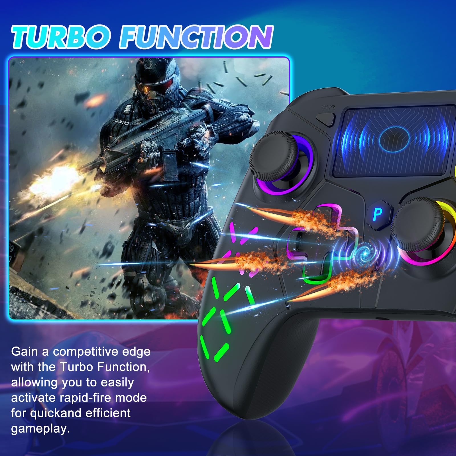 Bonacell RGB Wireless Controller für PS5/PC/P4 mit Motor-Vibration, 6-Achsen-Sensor, Turbo, 3,5-mm-Audiobuchse, Touchpad