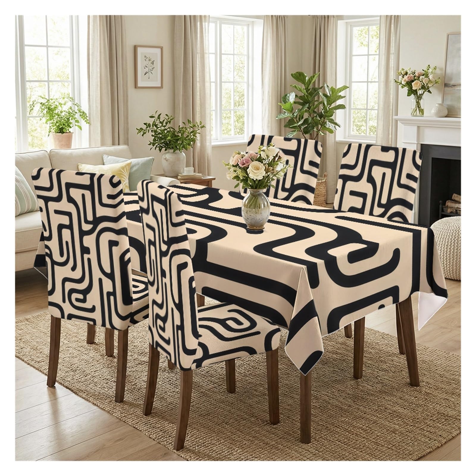 BOSUYBN Mid-Century Geometric Line Dining Tablecloth & Chair Cover Set, 5/7 Piece Abstract Retro Slipcovers For Modern Neutral Home Table Setting(5pcs Set: Tablecloth+Chair Covers)