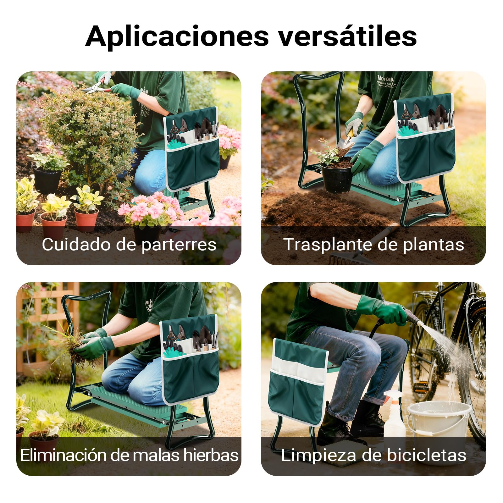 WilTec Silla de jardín para arrodillarse, Acolchada, con Bolso, Asiento y Banco para Rodillas hasta 150 kg