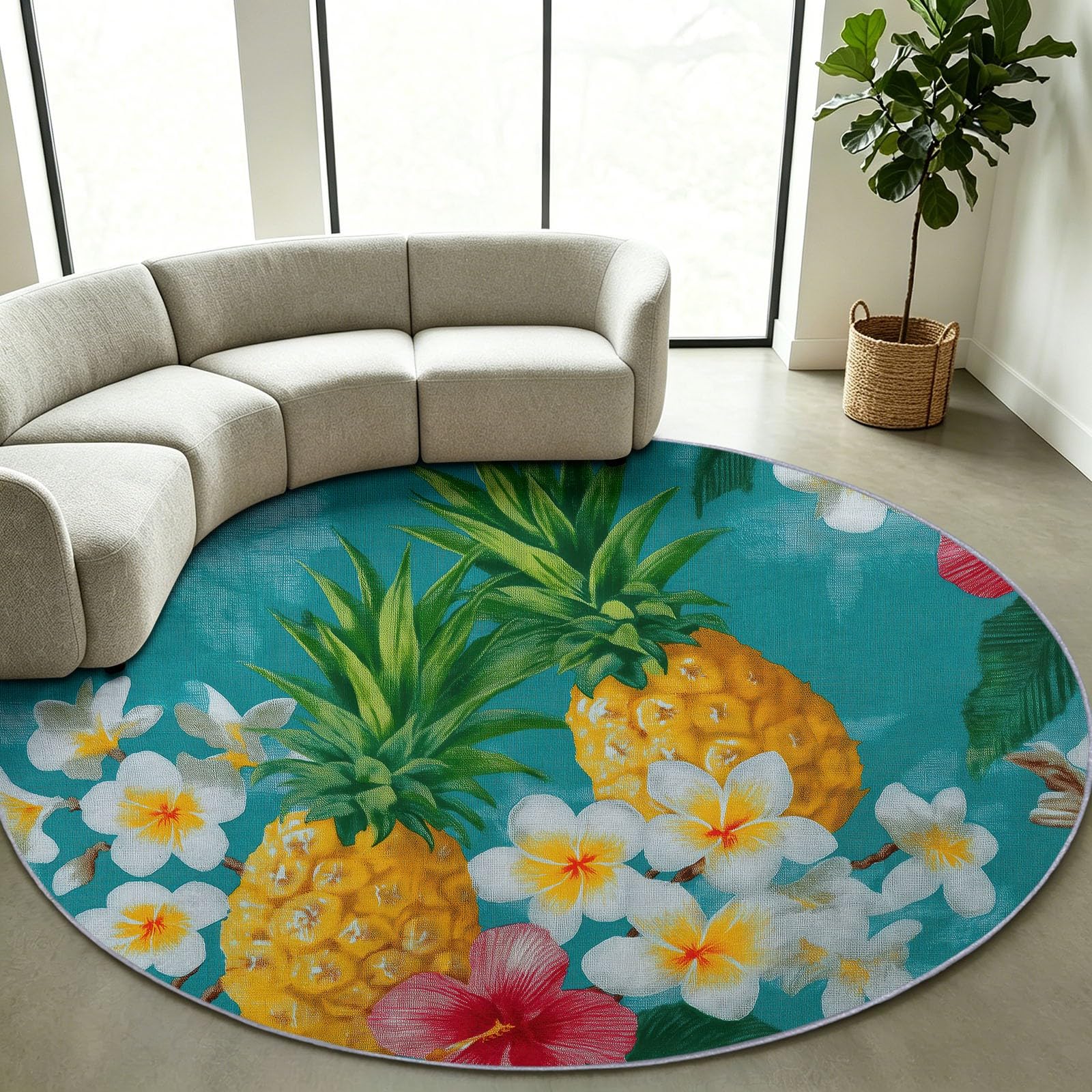Générique Tappeto rotondo per soggiorno, 120 cm, blu, tropicale, anas, frangipanier piante verdi, morbido e antiscivolo, a pelo corto, facile da mantenere, ideale per camera da letto, sala da pranzo e