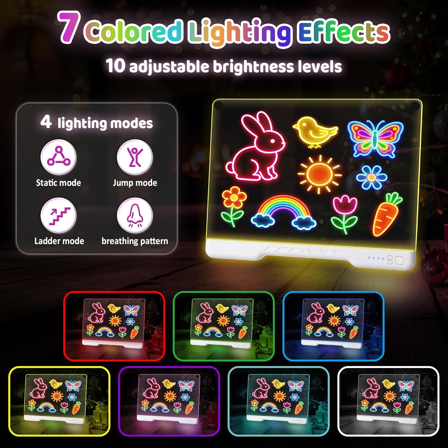 16 Inch Rechargeable LED Drawing Board, 7 Colors & 4 Modes, Portable & Mountable Acrylic Dry Erase Board with Neon Glow Doodle Effect, Includes Markers & Drawing Books,Birthday Gifts for Kids