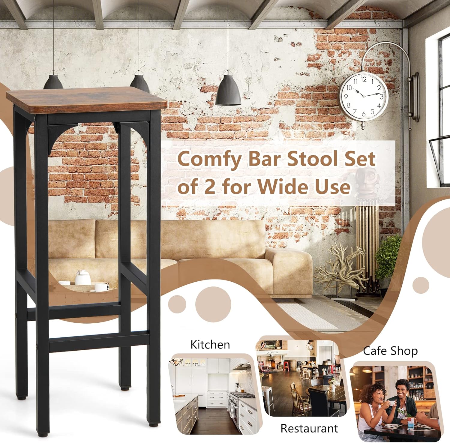 Set of 2 Black and Rustic Brown Adjustable Wood and Metal Bar Stools