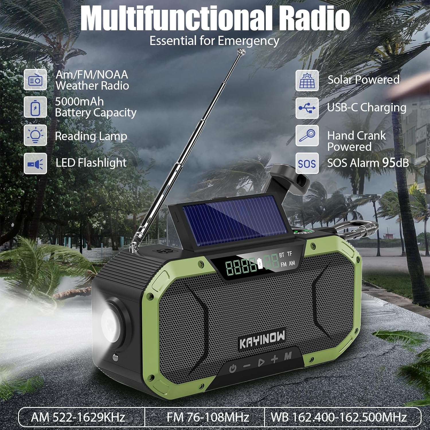 Hand Crank Solar Power Emergency Radio with Waterproof Bluetooth Speaker,Portable AM FM NOAA Weather Radio,5000MAh/18500MWh Rechargeable, Phone Charger,Flashlight,SOS,Survival Storm Camping - Image 8