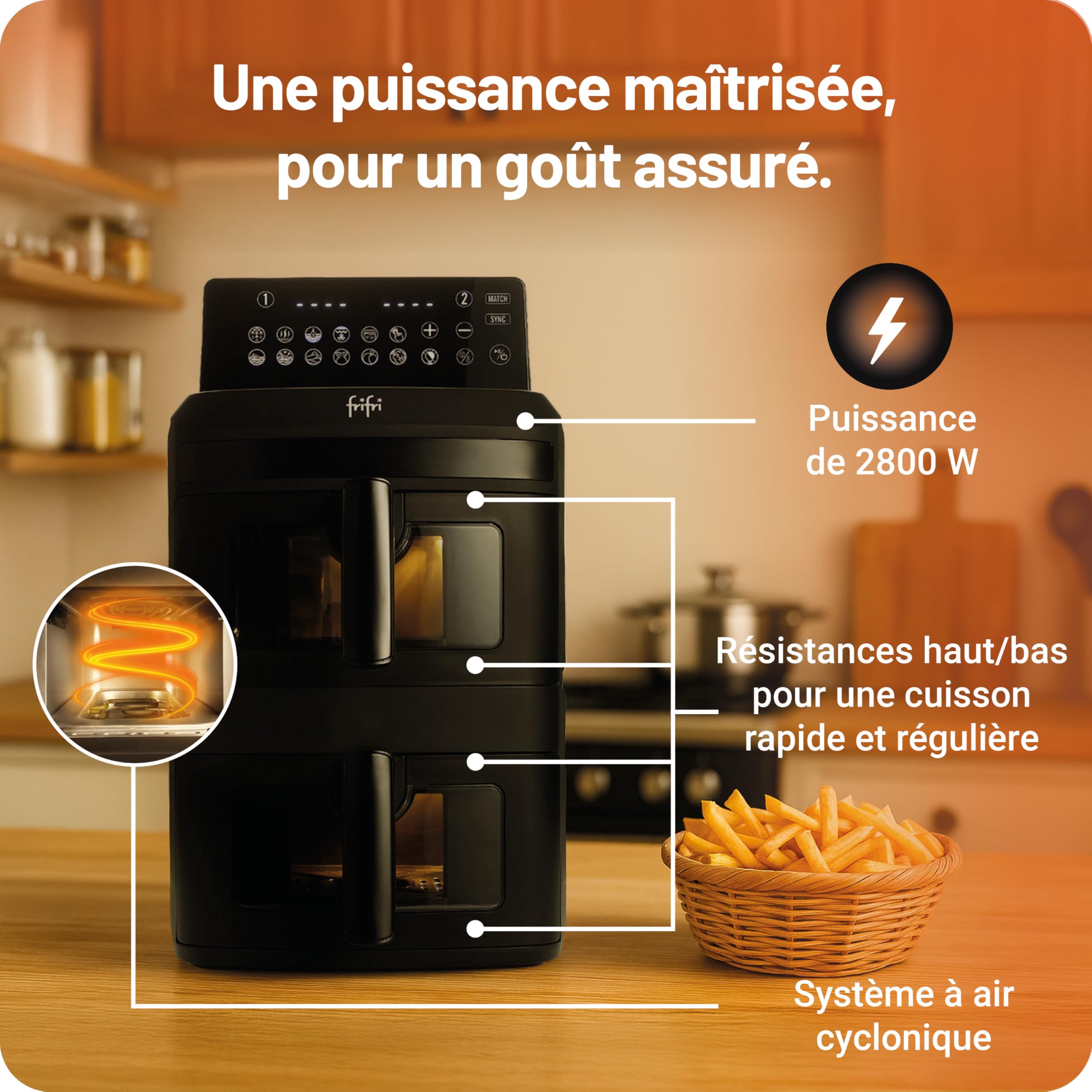 frifri Airfryer Duo Slim 13L - technologie Cyclonique Airflow, 12 programmes automatiques, matériaux haut de gamme - Noir