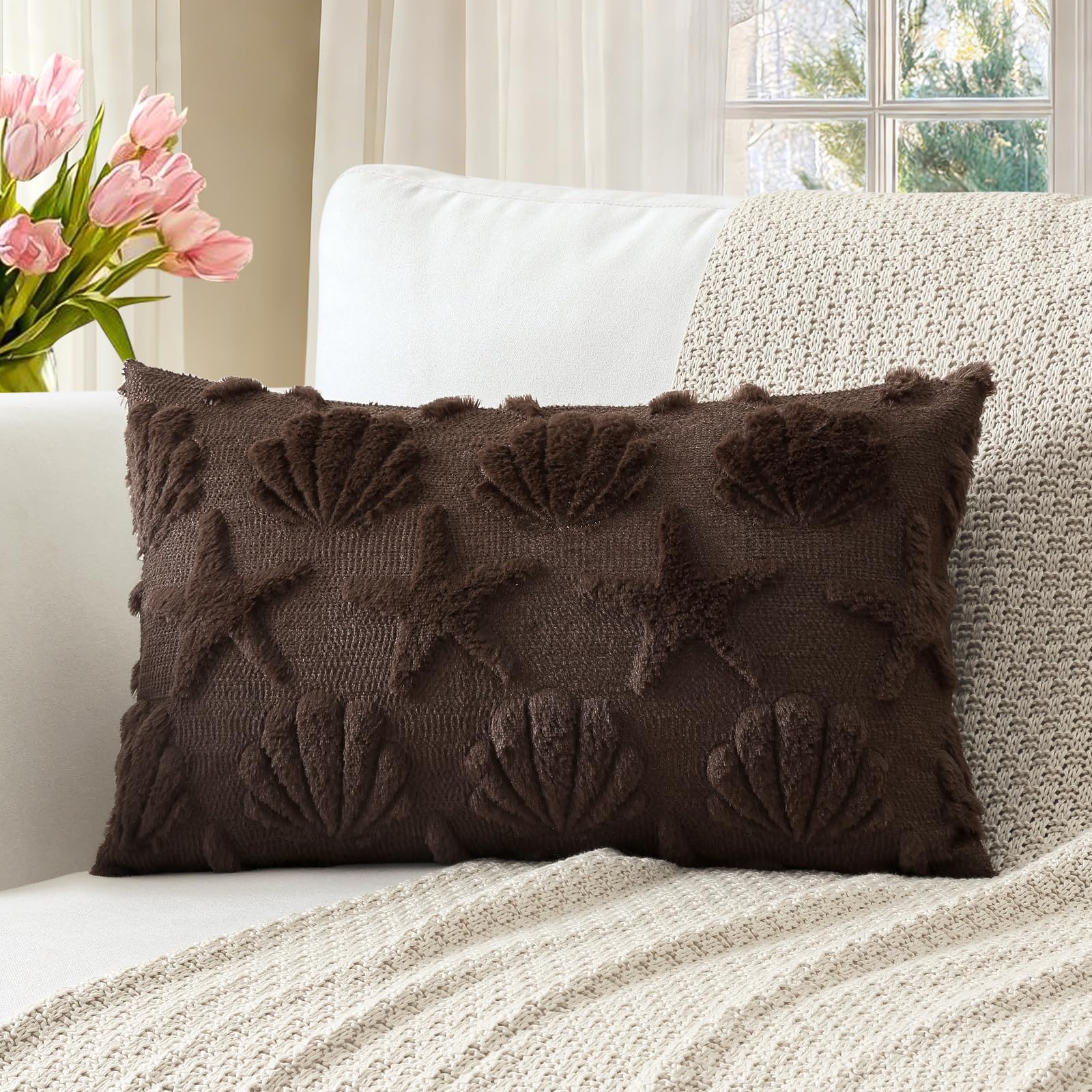 Artscope Shell Starfish Cushion Cover Set of 1 Beach Seaside Throw Pillow Cover for Sofa Lumbar Spring Summer Soft Plush Short Wool Velvet Pillowcase Holiday Decor Chocolate Brown, 30x50cm โ image 1